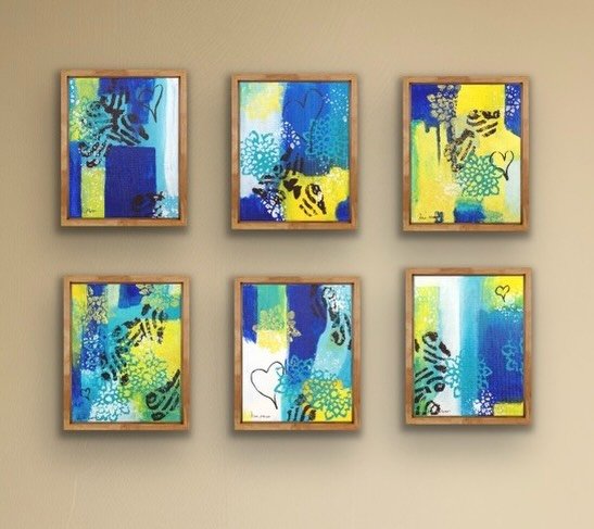 Six small paintings, hung as one. Blues, yellows, teals &mdash; each one its own particular color story, its own set of marks and stamps, its own small heart.

Together they do something none of them can do alone. A series of small declarations, hung