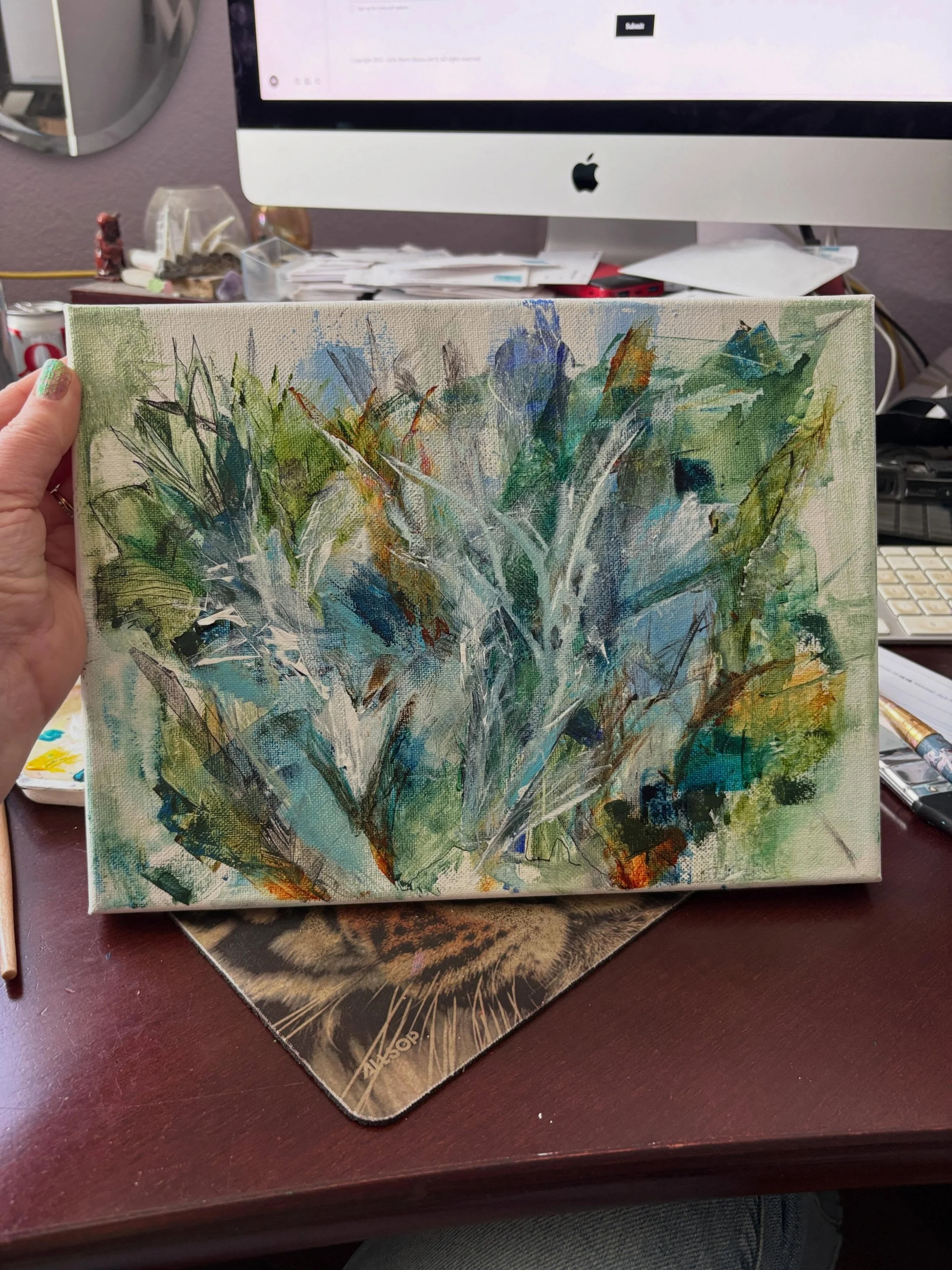 I haven&rsquo;t painted much in the past year. Today I picked up a brush again.

This is a 9x12 that&rsquo;s not finished yet and doesn&rsquo;t have a title. Greens and blues that felt immediately right &mdash; like somewhere I&rsquo;ve been before.

