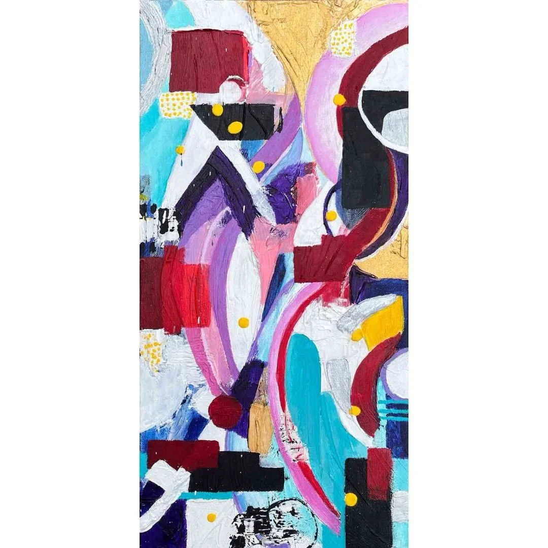 This painting looks like a party.

It started as something more serious. I put modeling paste on the canvas, swooped it into curves, then tried to ignore those curves entirely when I painted it &mdash; working against the texture, letting the tension