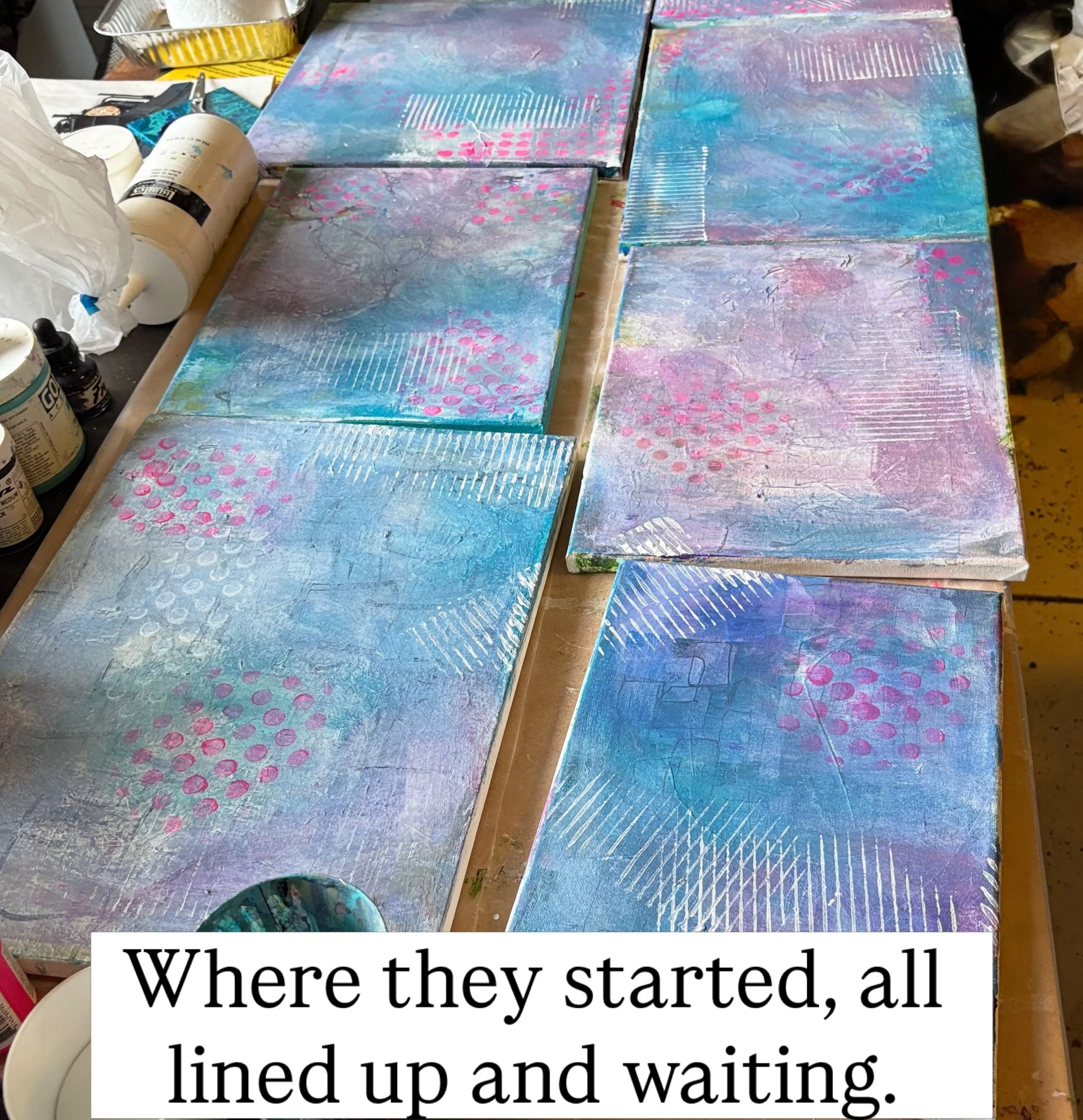 I didn&rsquo;t like them. So I painted over them.

A while back I rounded up a pile of canvases that weren&rsquo;t working, lined them up on the table, and buried them under a fresh layer. Then they sat for a while.

This week I came back and kept bu