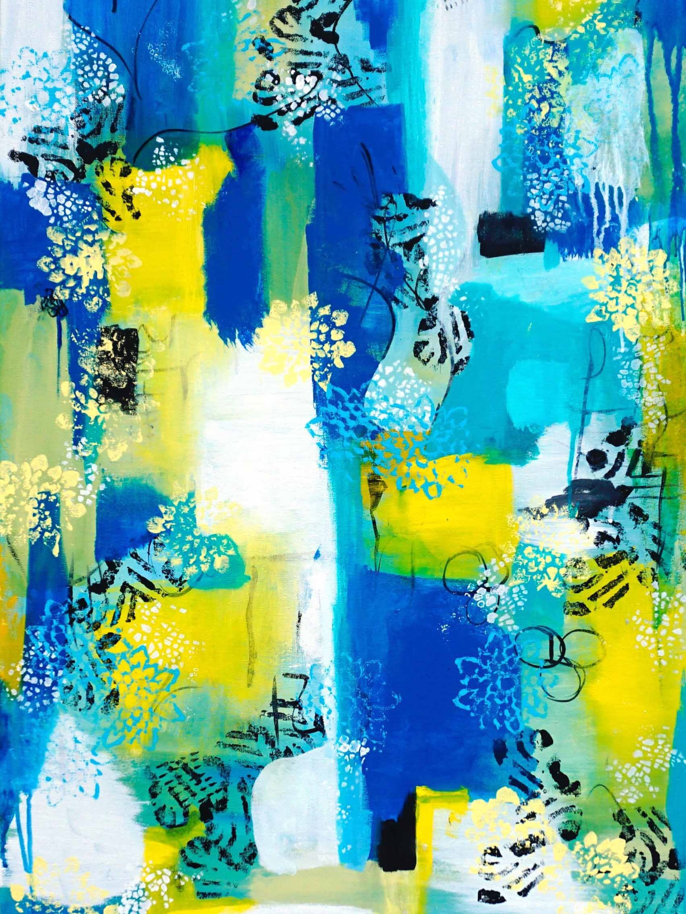 Some mornings start in the water and end at a table full of Bloody Marys and eggs Benedict. 

South Swell is an homage to that morning, blues and yellows built up in layers, hand-carved stamps pressed into wet paint. What&rsquo;s the first color your