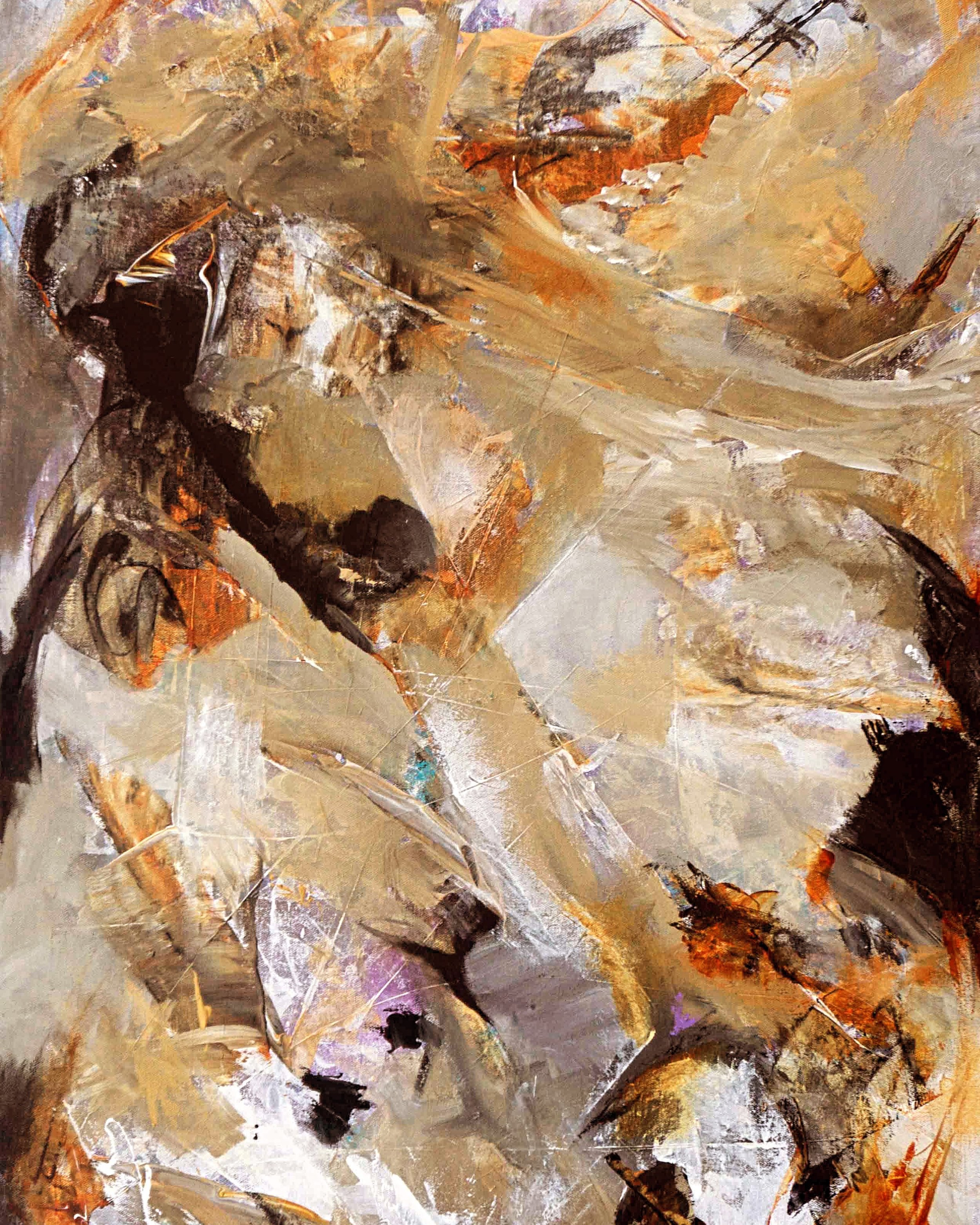 This one started blue and purple, underneath everything you see now. 

Still Searching began as an underpainting in blues and purples, then I layered neutrals over it, late fall into early winter, earthy tones taking over. I was painting it in late 2
