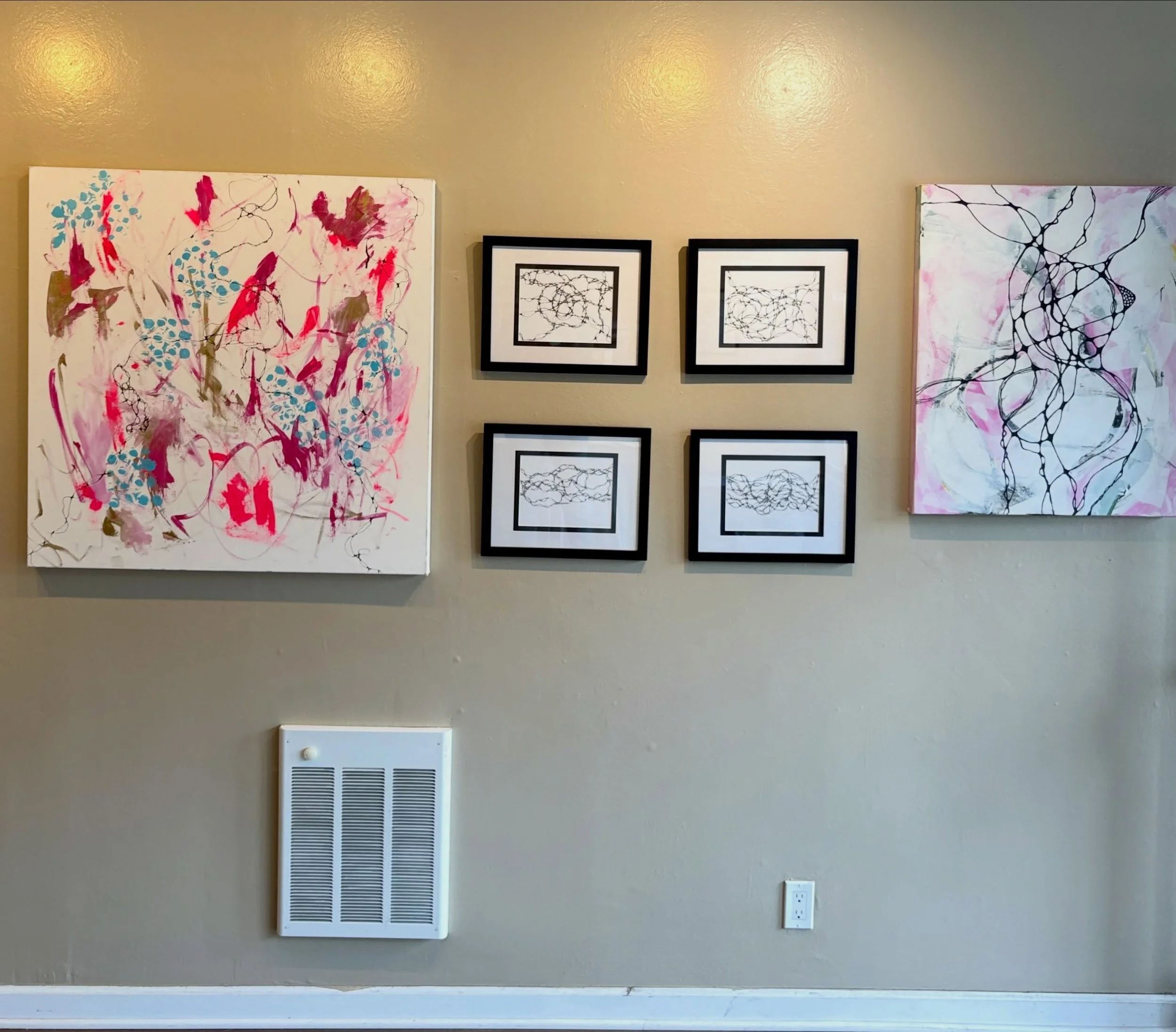 My two walls of Woven Through are up. Seven pieces, years of paint layered under paint. Come see it in person at Mirada Art, 355 Main Street, Half Moon Bay, through September 14.

#WovenThrough #SherriHannaArt #HalfMoonBay #VisitHalfMoonBay #Abstract