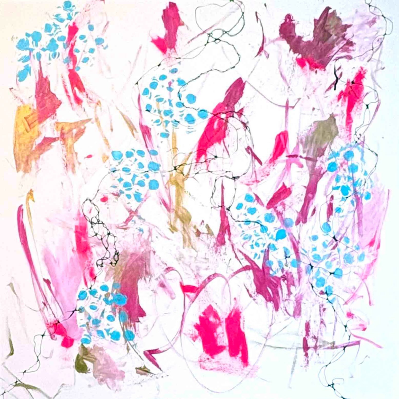 This one came after a long stretch of not being able to paint at all. When the brush finally moved again, this is what came out: magenta, pink, and white in fast, spontaneous marks, blue dot clusters scattered across the surface, looping lines drawn 