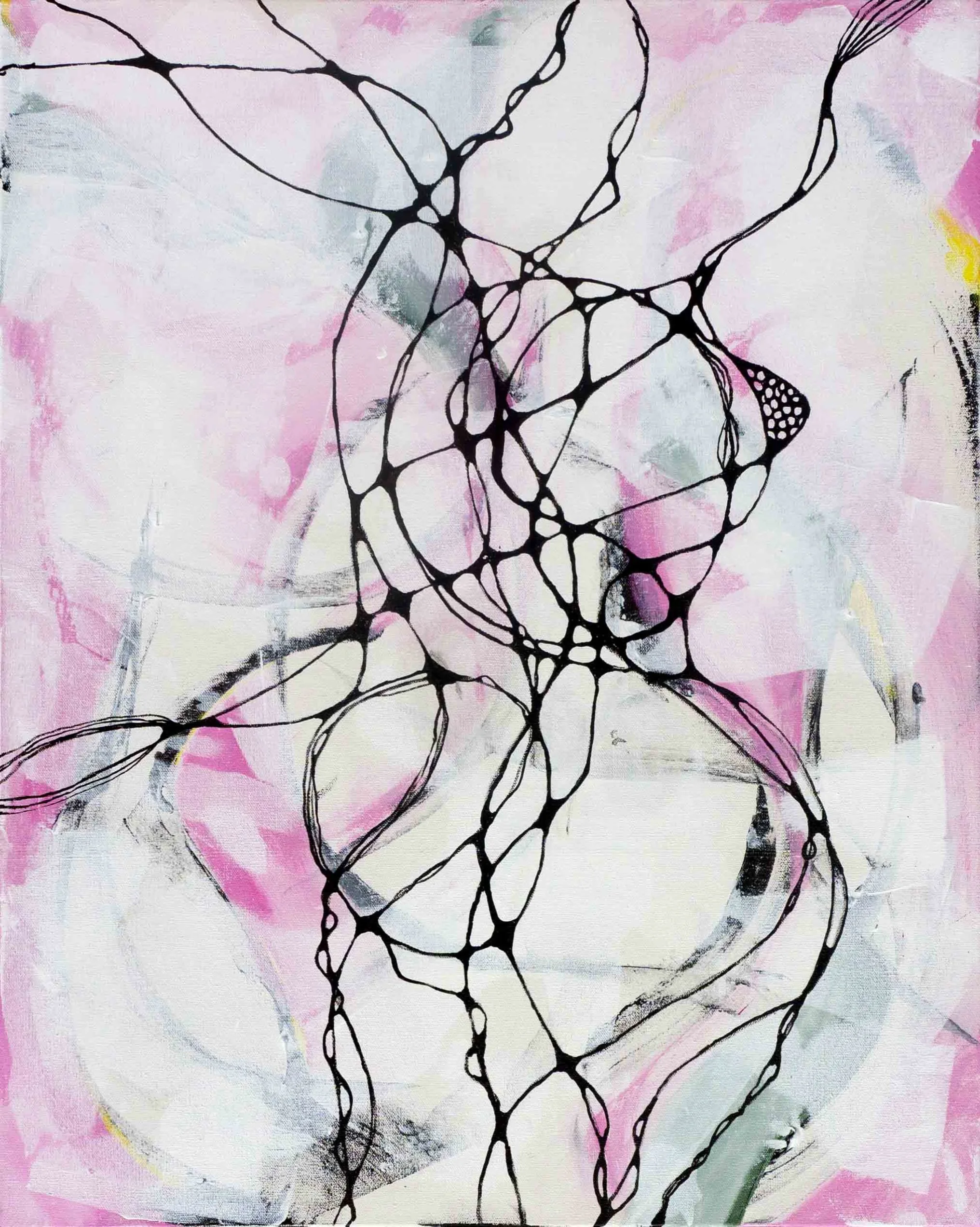 This painting has been in two shows now, and it still hasn&rsquo;t found its wall. 

Same lines that read as a figure back in July now read as something else entirely: thread pulled taut, connected, tangled and untangled again. That&rsquo;s the whole