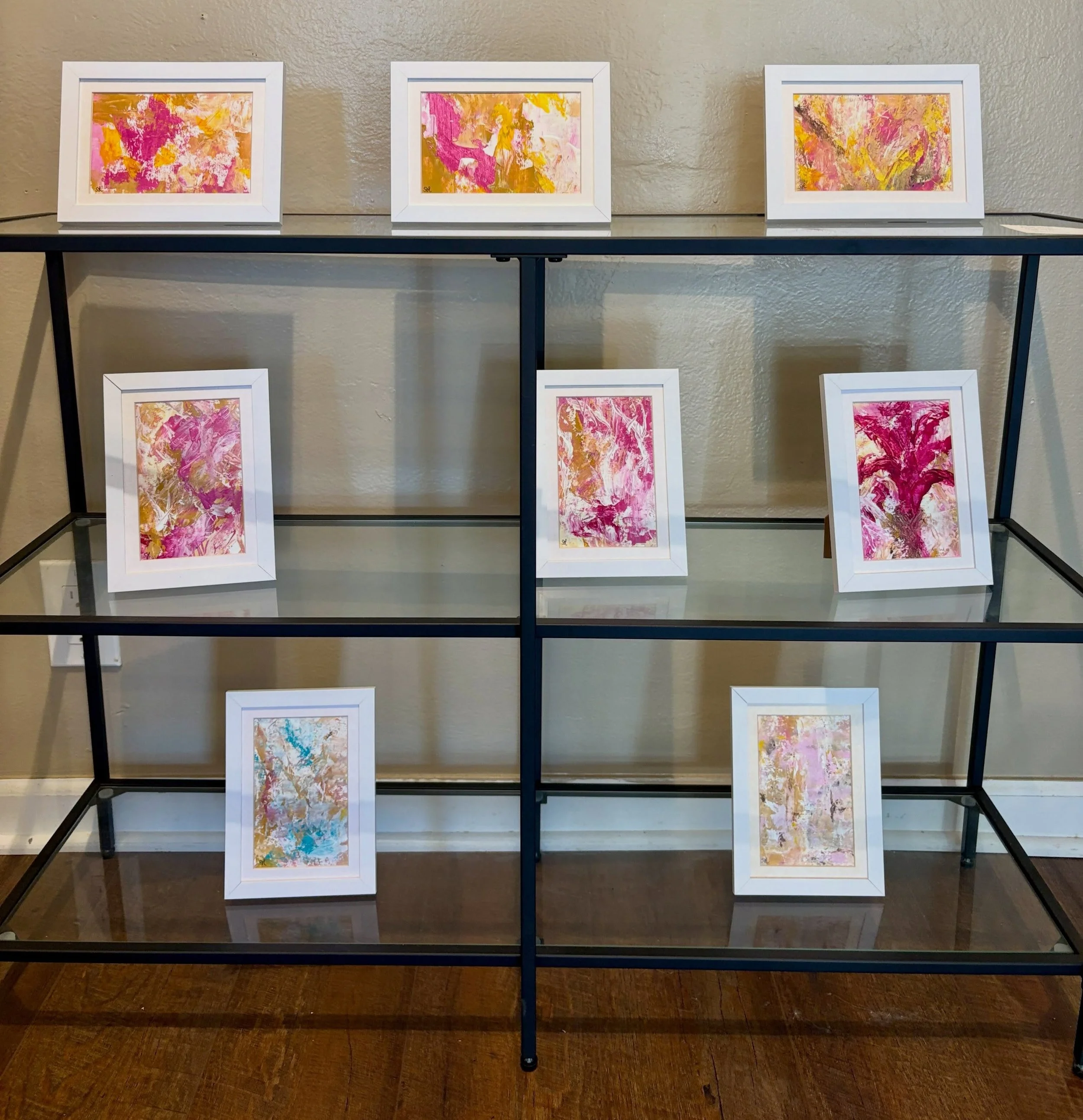 After Singing the Blues, I went even smaller. About twenty eight pieces on paper, in a run of different color schemes. 

Eight of the warm pink and gold ones are on view now: Nostalgia 2 and 1, Indian Summer, Blossoms 4, Golden Reverie 2, Blossoms 3,