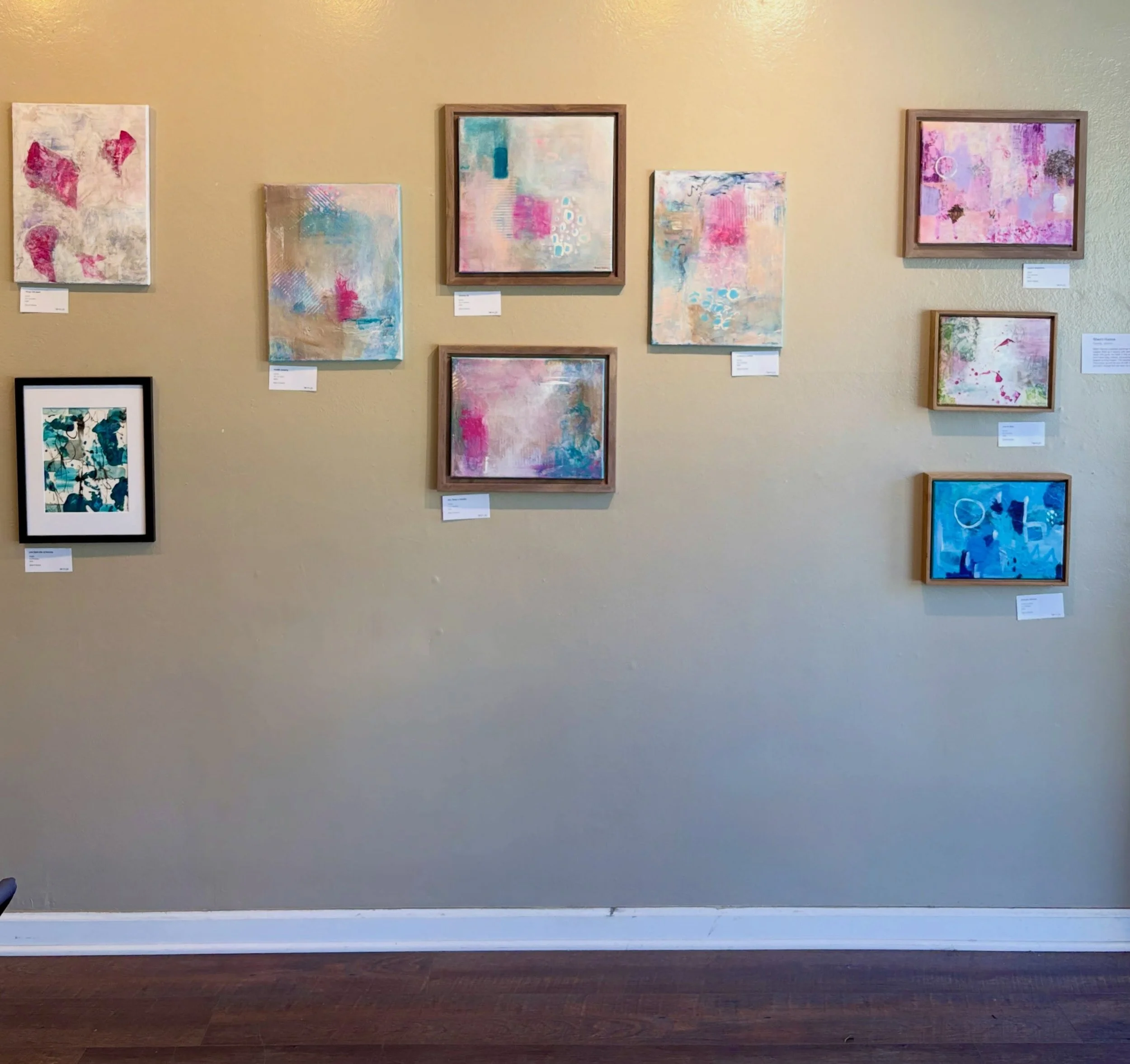 Nine small paintings. One wall. All of them looking for a home.

Inner Weather opens today at Mirada Art, and my wall is all small work this time: magenta coming up through pale layers, middle-of-the-night blues, and a few soft pinks borrowed from bo