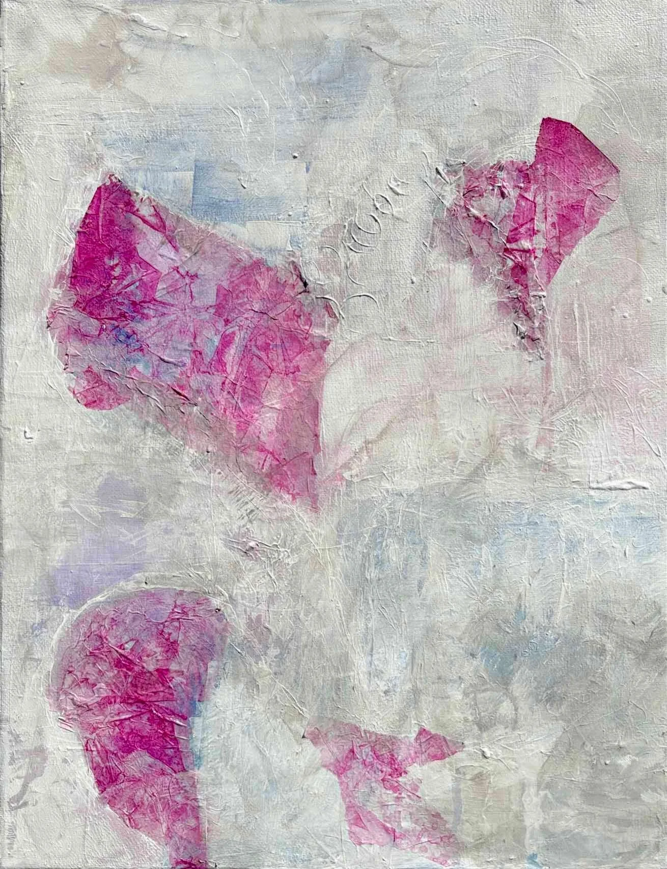 Things Fall Apart is a quiet abstract painting in white, pale gray-blue and hand-painted magenta tissue, 16 x 12.

This painting started out loud. Here&rsquo;s how it got quiet, one slide at a time. Save this one.

Layers of warm and cool color, ever