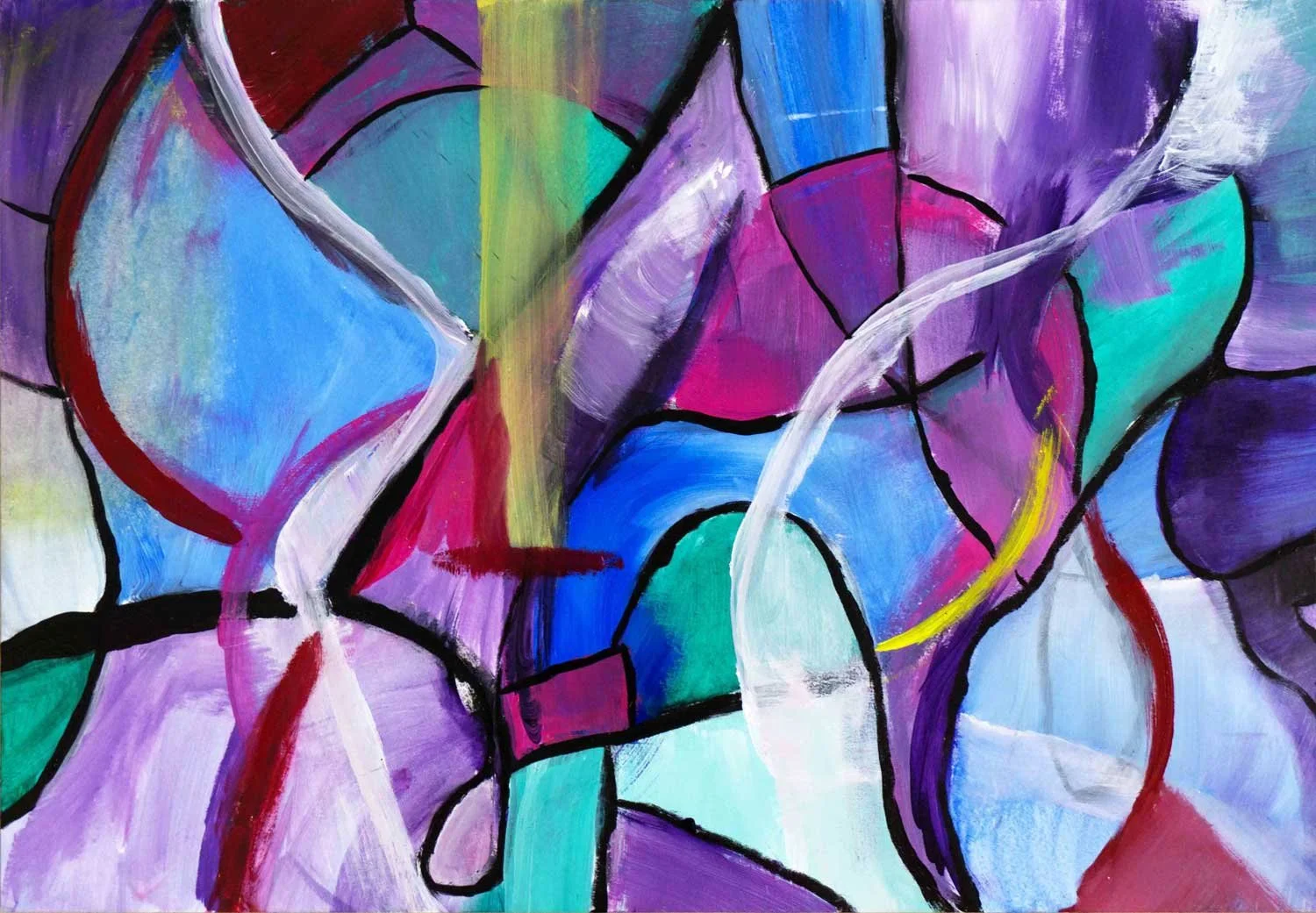 Abstract acrylic painting with bold black outlines enclosing red, magenta, blue, and purple, second in the Any Road series
