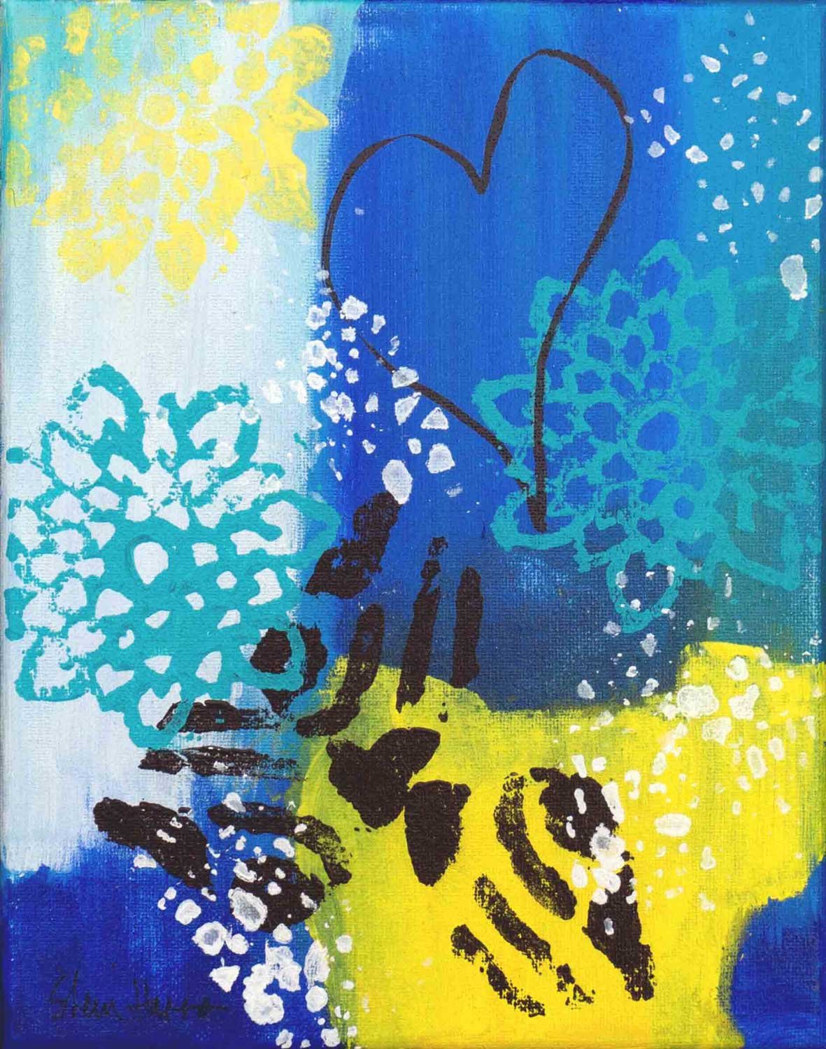 Small abstract acrylic painting in blue, yellow, and teal with a large open heart in the lower left, sixth in the Love Letters series