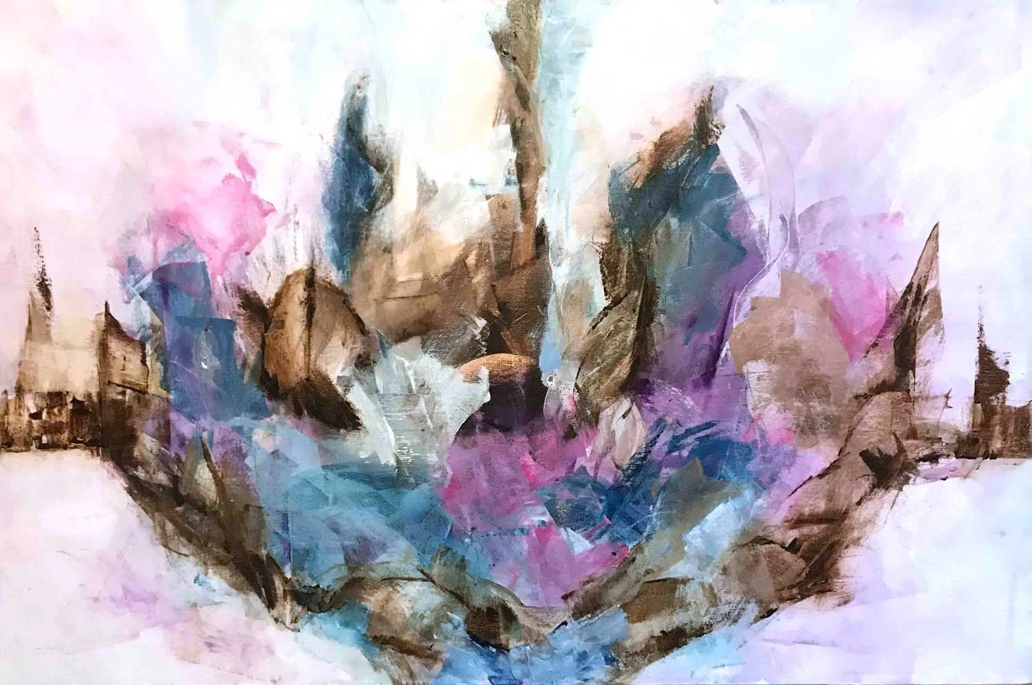 Abstract acrylic painting showing a city skyline dissolving into lavender, pink, and earth tones, faces emerging from the architecture