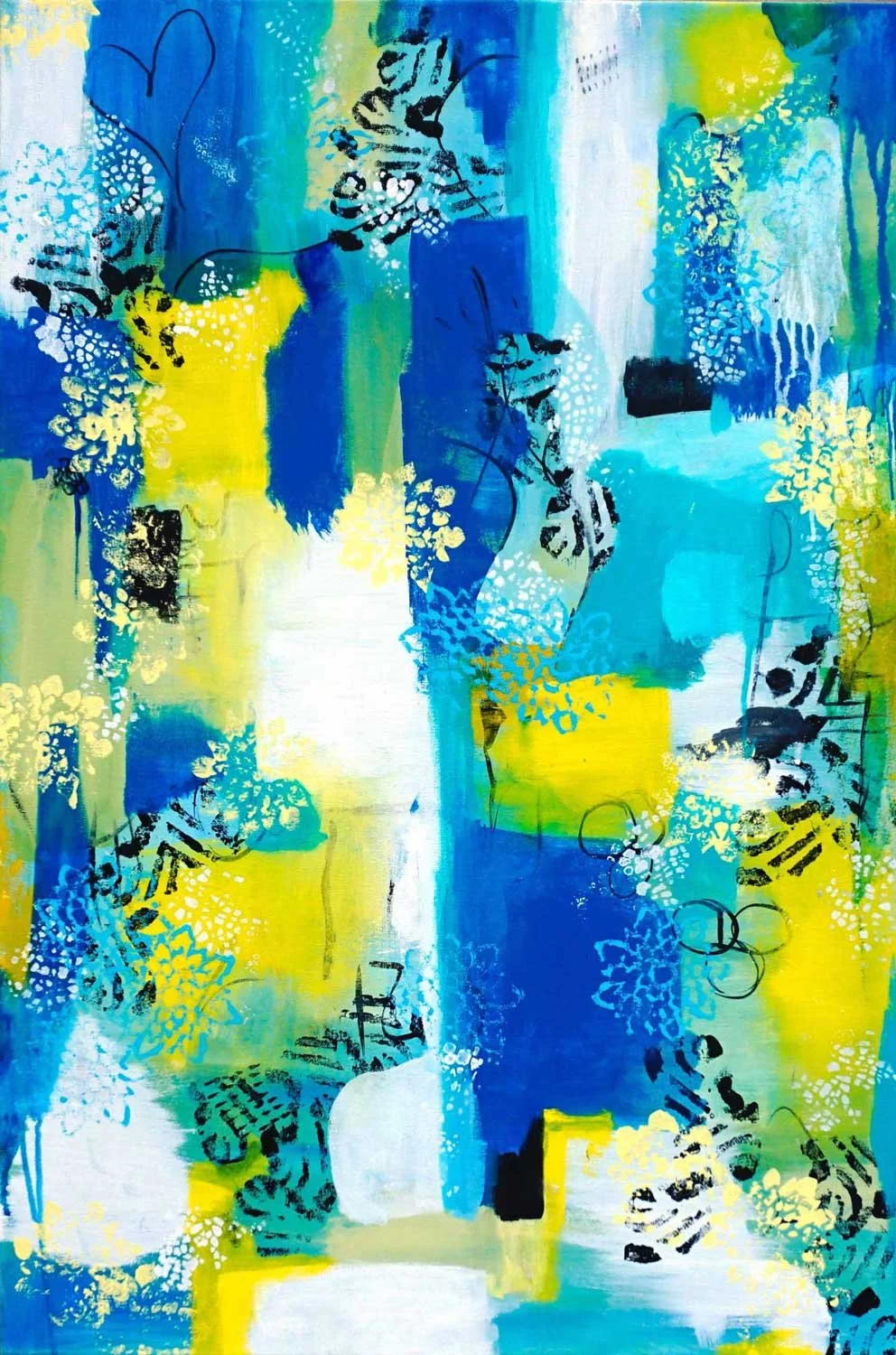 Abstract acrylic painting in blue, teal, and yellow with texture marks and a small drawn heart in the upper left corner
