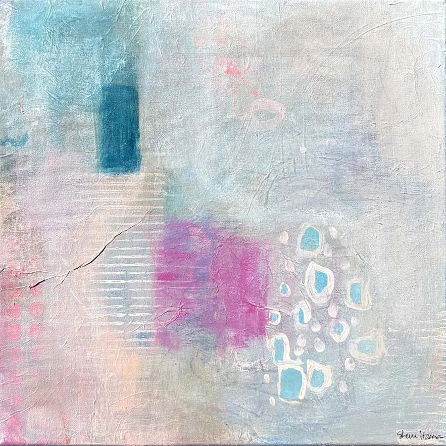 Square abstract acrylic painting in pale sky blue and soft gray with a dark teal rectangle at upper left, white horizontal stripes, a column of pink dots, a magenta block at center, and a cluster of t