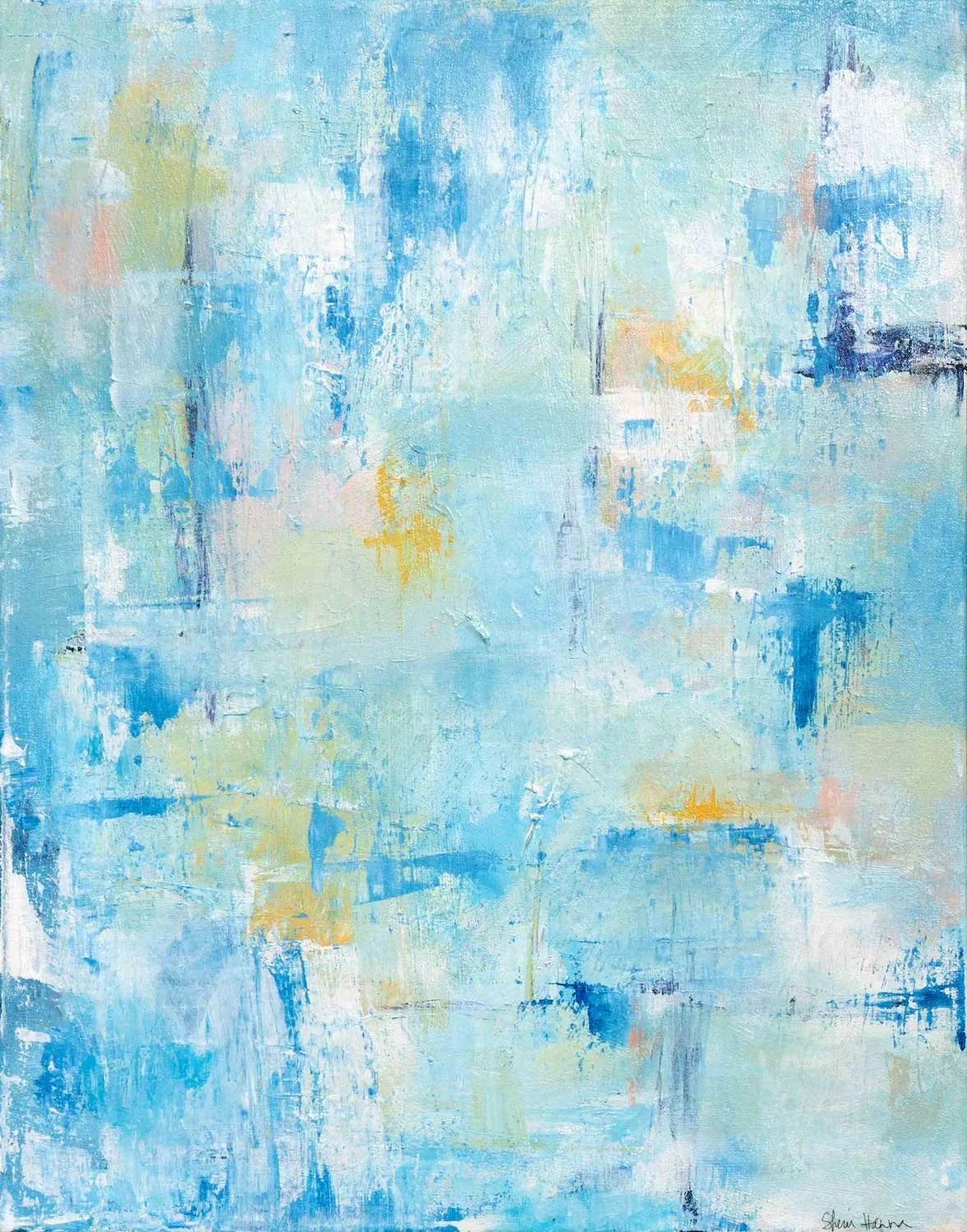 Abstract acrylic painting in pale teal, aqua, soft green, and gold with layered atmospheric marks suggesting light, heat, and the unhurried ease of a summer day at the beach
