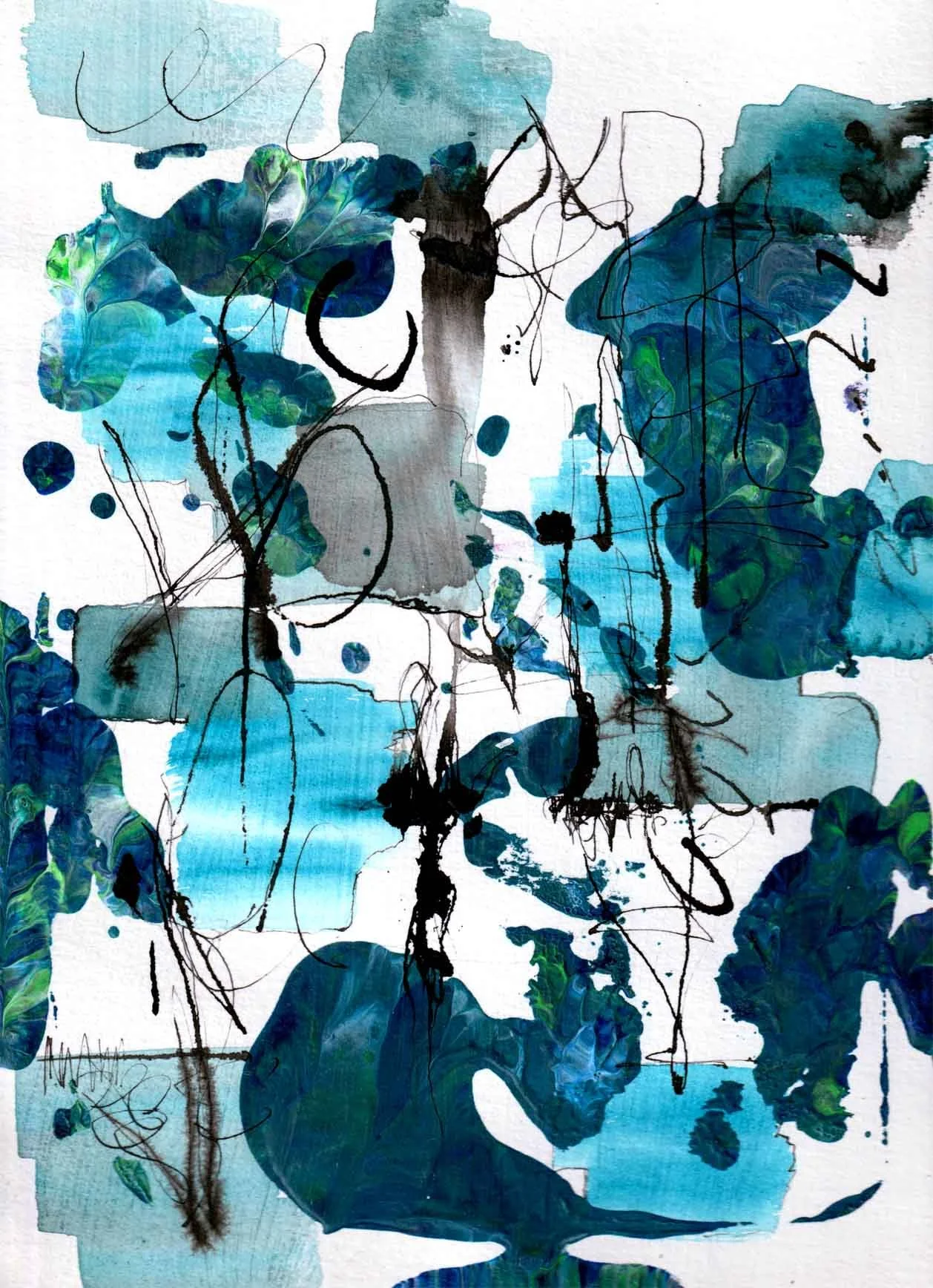 Abstract acrylic and ink painting on paper with teal and aqua washes, deep navy and blue-green pooled organic forms, and loose black lines. Framed original painting by Sherri Hanna, Half Moon Bay CA.