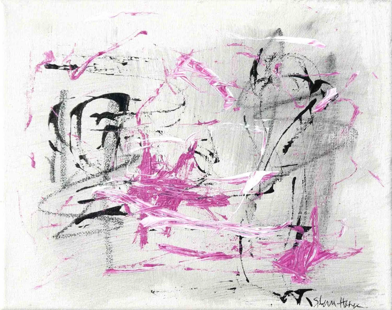 Abstract acrylic painting with black scrumbled marks, magenta, and white against bare canvas