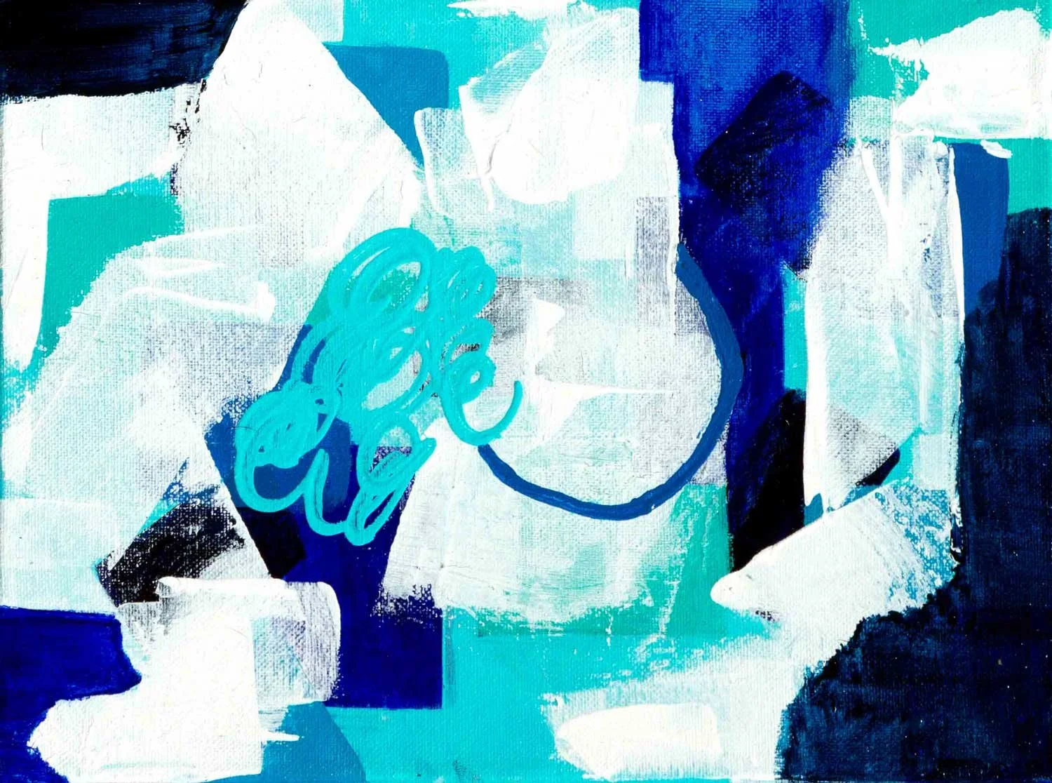 Small abstract acrylic painting in teal, white, navy, and black with teal cursive marks, part of the Singing the Blues series