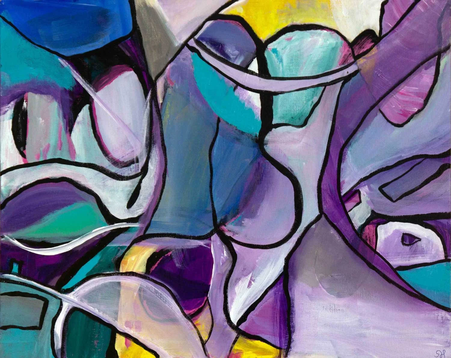 Abstract acrylic painting with bold black outlines enclosing purple, teal, and lavender color fields, first in the Any Road series