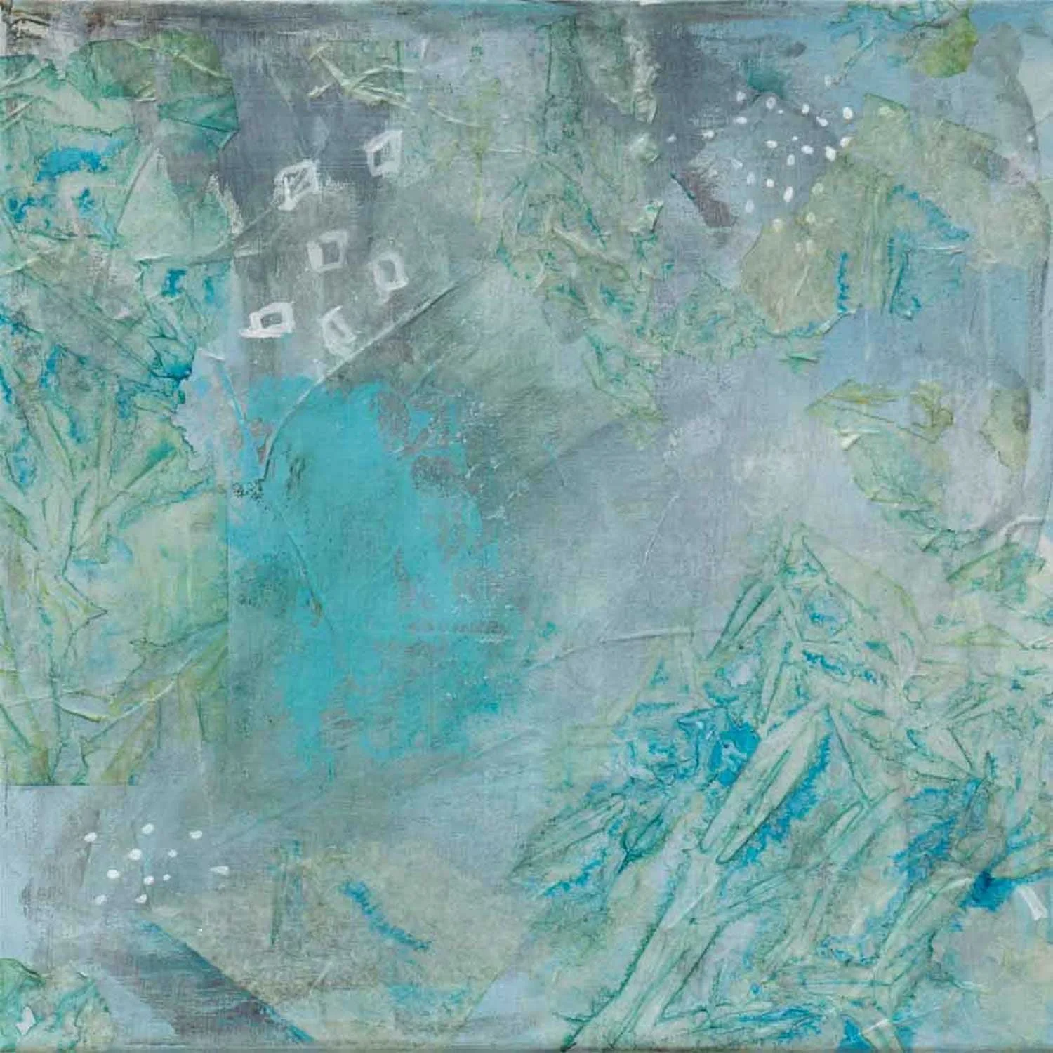 Abstract acrylic and ink painting in teal and blue with black rain marks and a sailboat hull reflected in green and gold