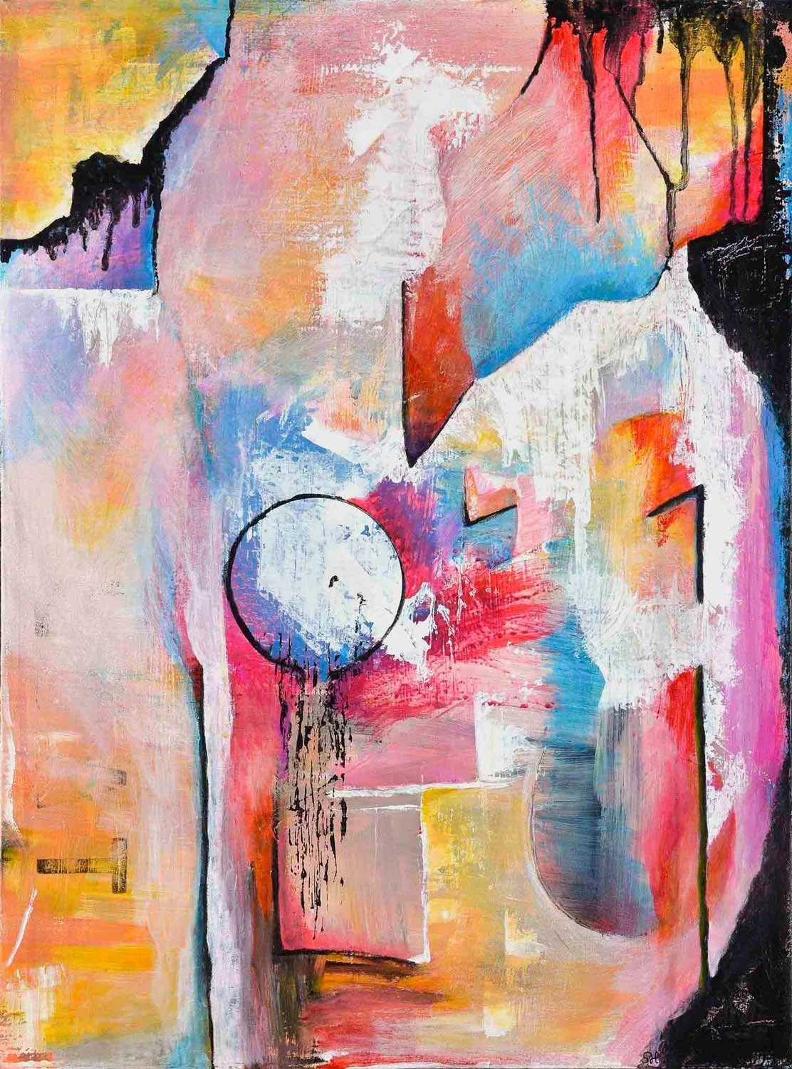 Abstract acrylic painting in warm peach, pink, and yellow with black drips from corners and the word FLOAT partially visible