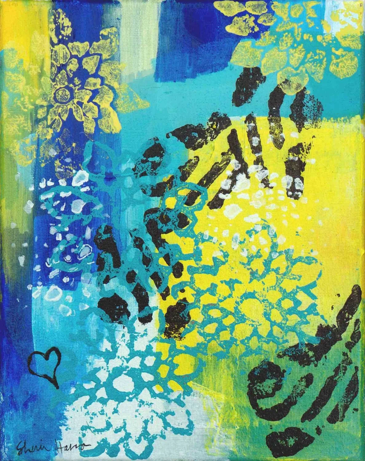 Small abstract acrylic painting with a broad white column between yellow-green and deep blue, with a heart in the upper right, fifth in the Love Letters series