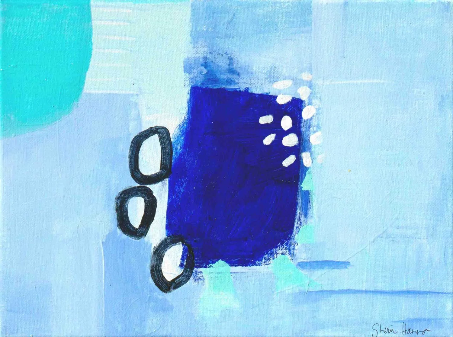 Small abstract acrylic painting in pale and deep blues with a bold rectangle and small oval marks suggesting an early morning cup of coffee