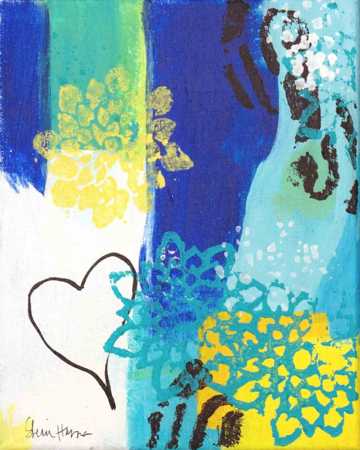 Small abstract acrylic painting in royal blue, teal, and chartreuse with black stamped marks and a small drawn heart, first in the Love Letters series