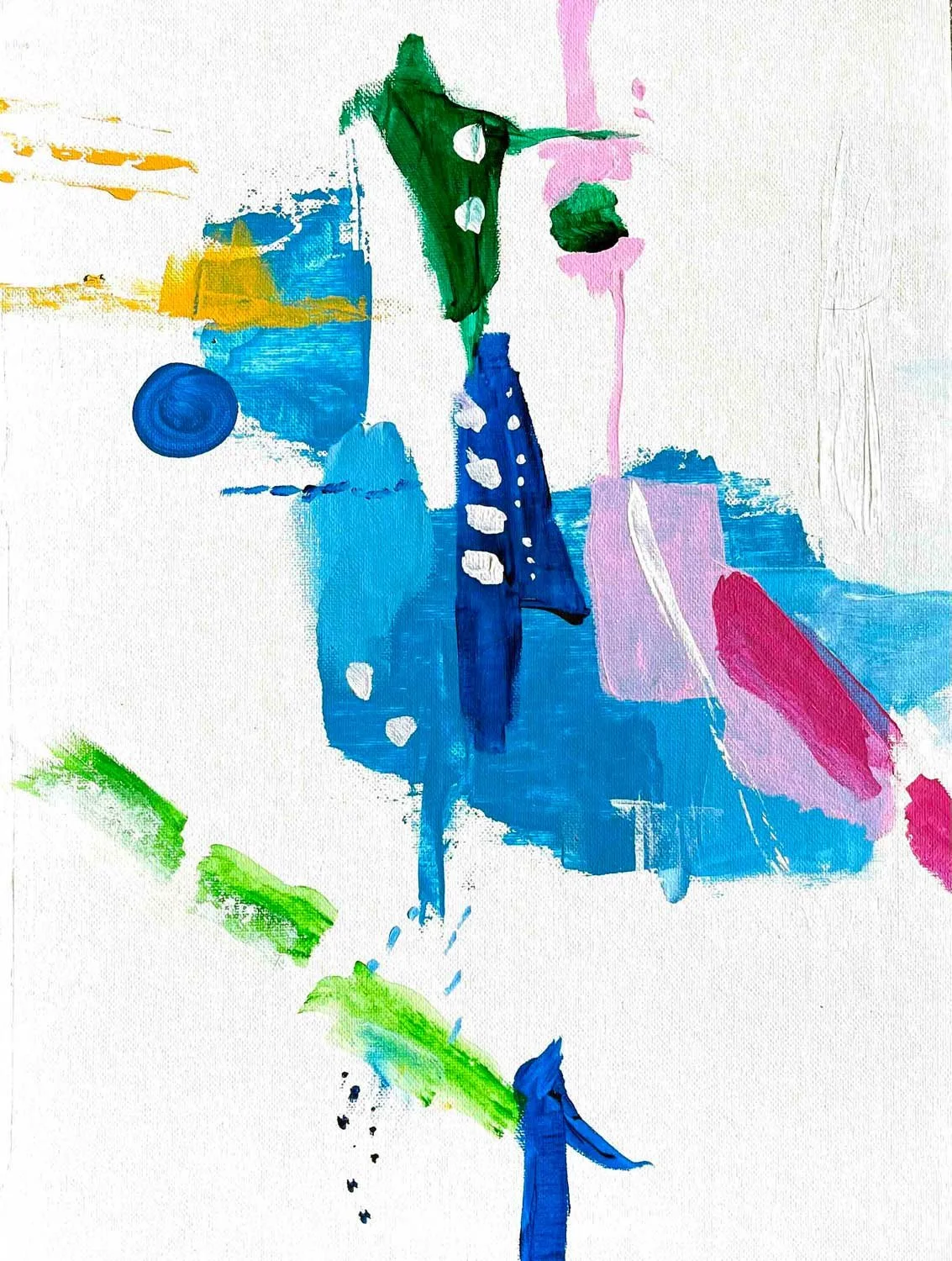 Abstract acrylic painting in green, blue, and pink on a white ground with gestural marks that resolve into a hidden dragon: dark green head, white dot eyes, blue spotted body