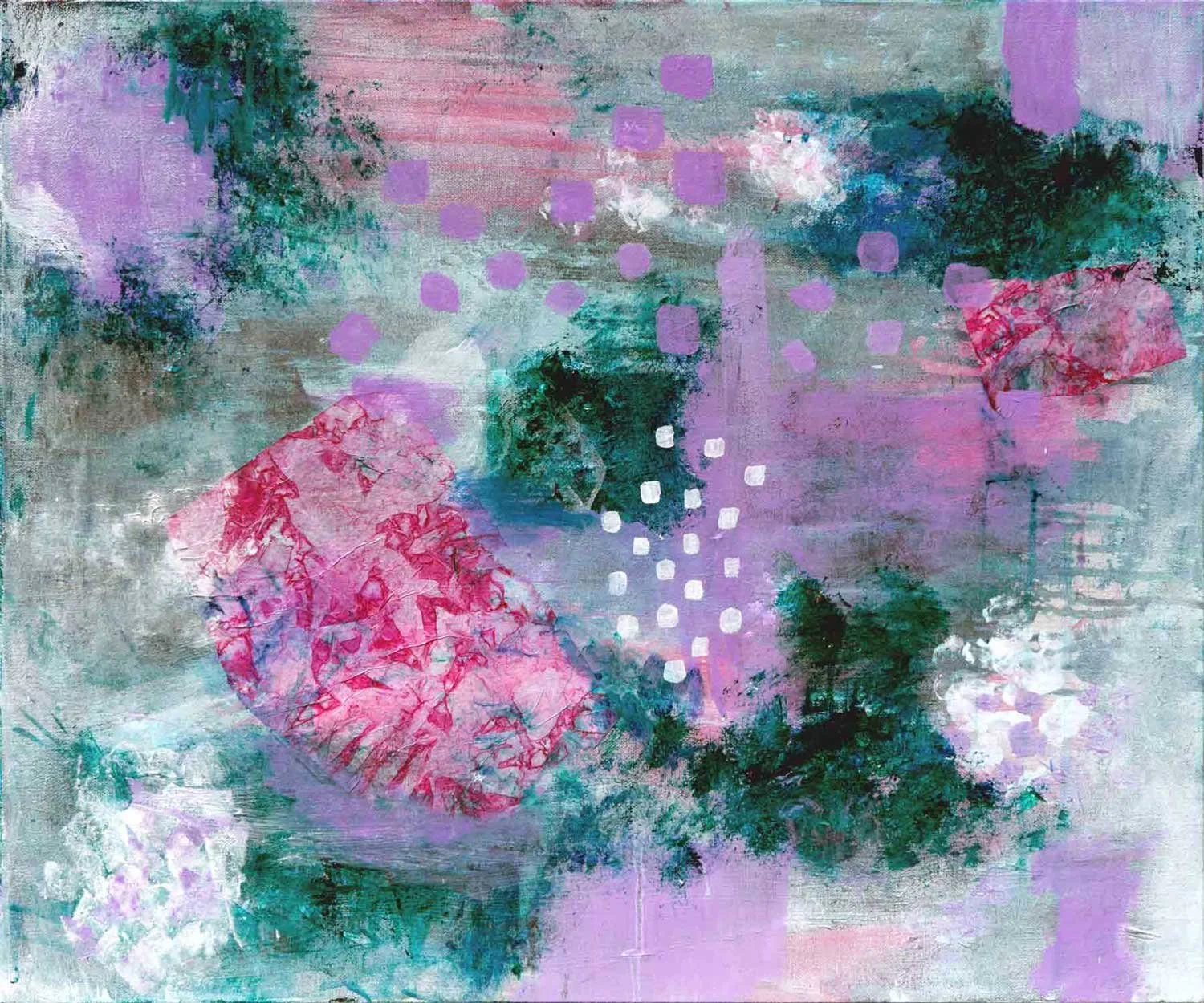 Abstract mixed media painting in lavender, teal, and dusty pink with crinkled tissue paper forms and a grid of soft purple dots
