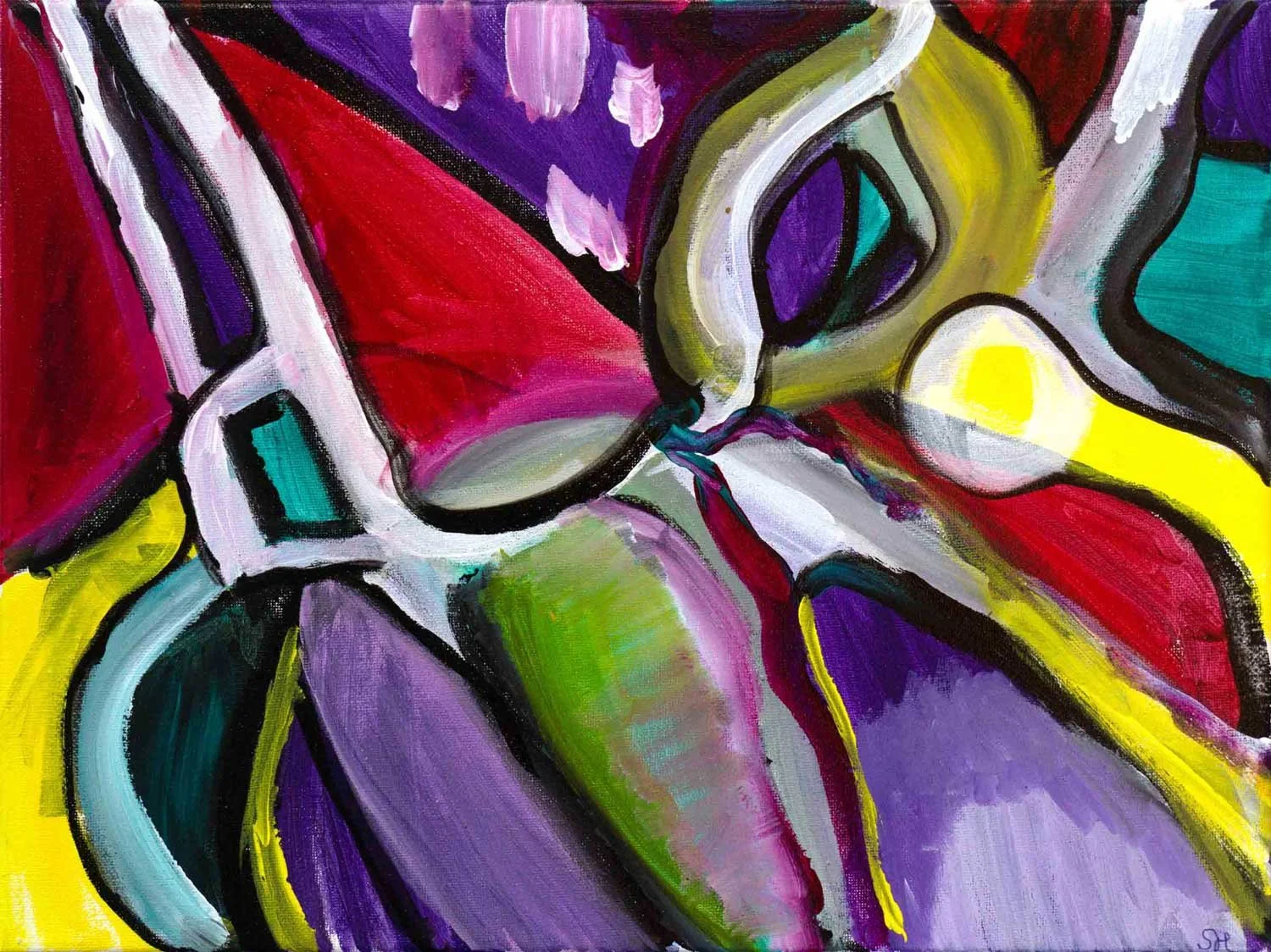 Abstract acrylic painting with bold black outlines enclosing yellow, red, purple, and teal at full intensity, third in the Any Road series