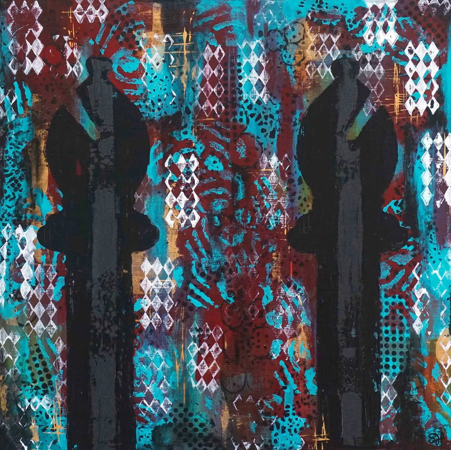 Abstract acrylic painting with two chess Bishop silhouettes rising like minarets against handmade stencil and stamp patterns in crimson, teal, and gold