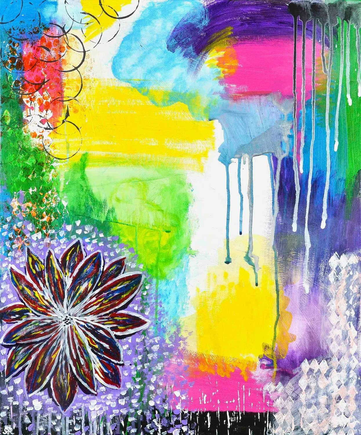 Abstract acrylic painting with a dark-petaled flower radiating against yellow, green, magenta, and blue tropical storm colors