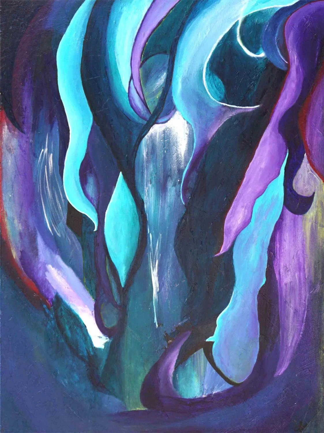 Abstract acrylic painting in deep cobalt, teal, and purple with fluid sinuous forms swirling upward from a dark ground, suggesting underwater movement or figures dancing in low light