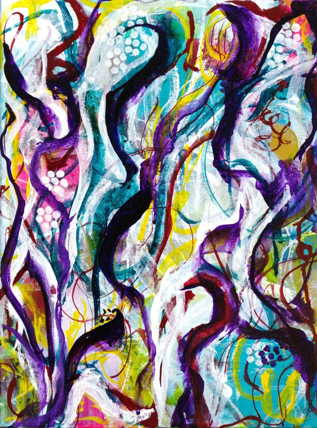 Abstract acrylic painting with purple vines twisting through teal, crimson, and yellow, with clusters of white dots throughout