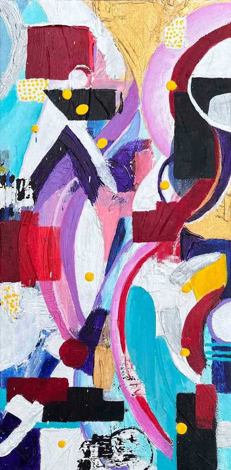 Abstract acrylic painting with metallic gold and arcs and circles in purple, crimson, pink, and teal suggesting a carnival at night
