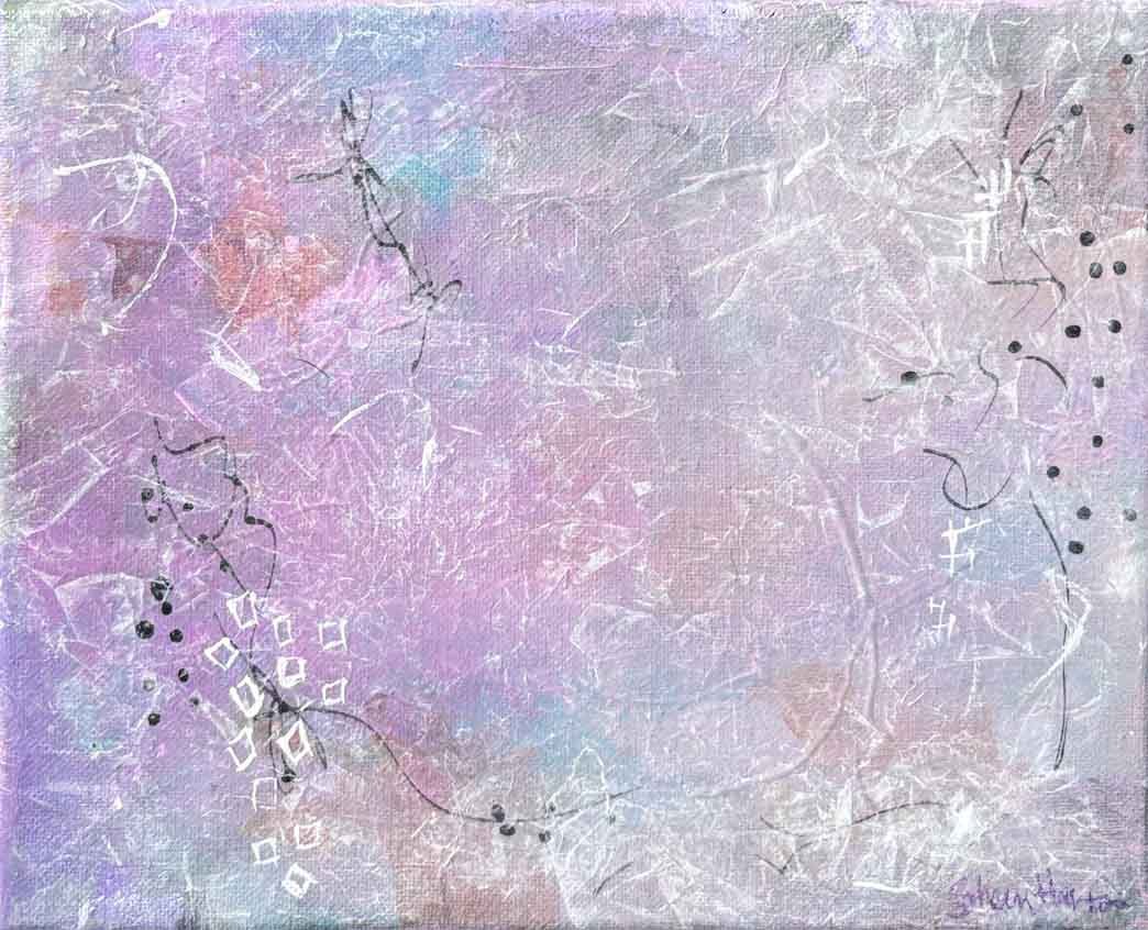 Abstract painting in soft lavender, pink, and pale gray with crinkled tissue texture, loose black ink lines like dancing figures at the edges, a trail of black dots at right, and white diamond shapes