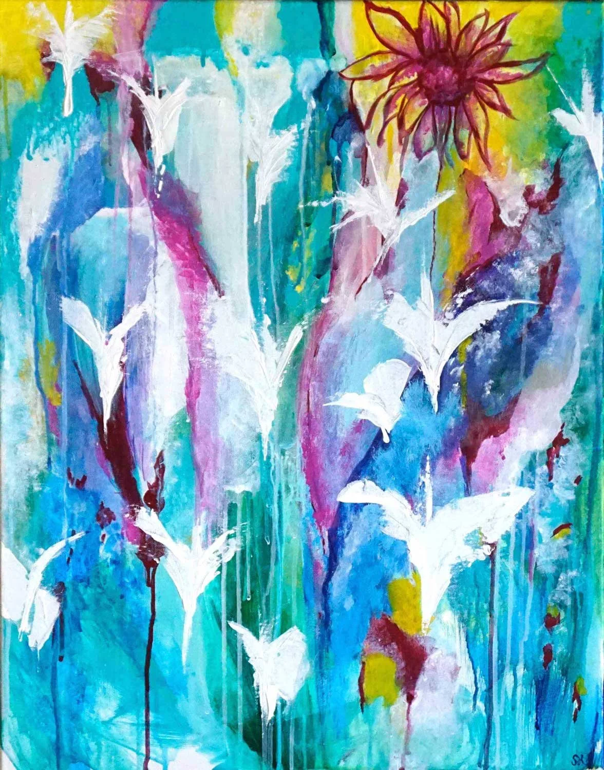 Abstract acrylic painting with white bird or angel shapes rising through teal, magenta, yellow, and blue, with a dark flower in the upper right