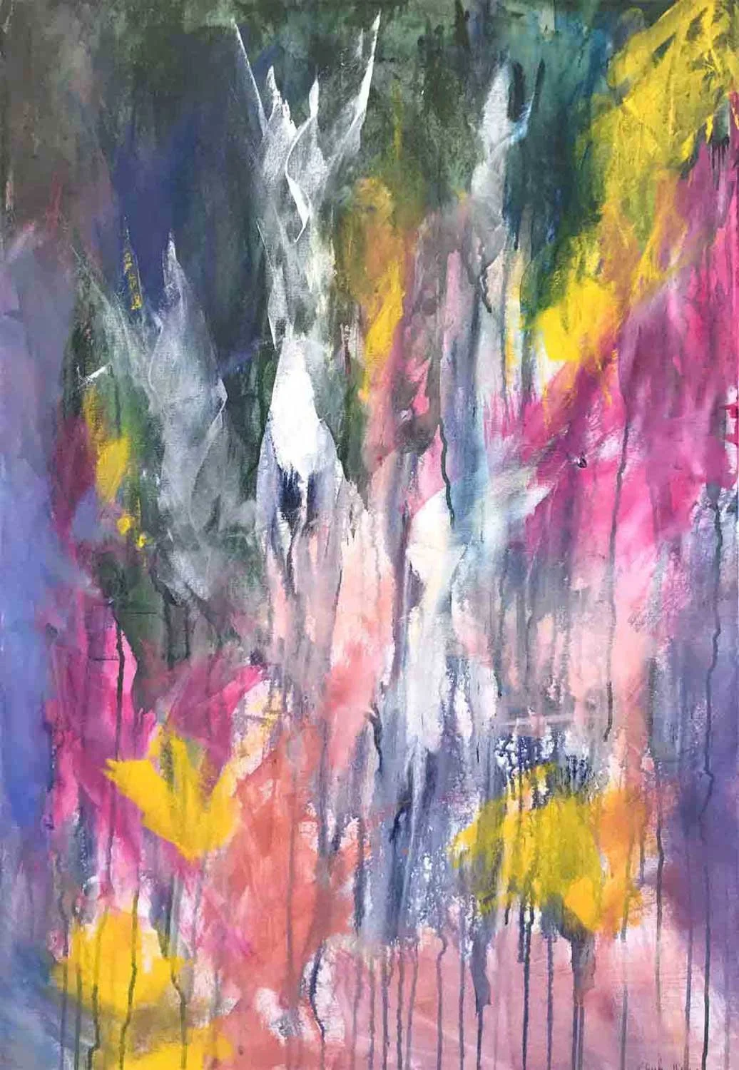Abstract acrylic painting with towering flower forms in magenta, yellow, and coral with white forms rising through the center like moonlit stems