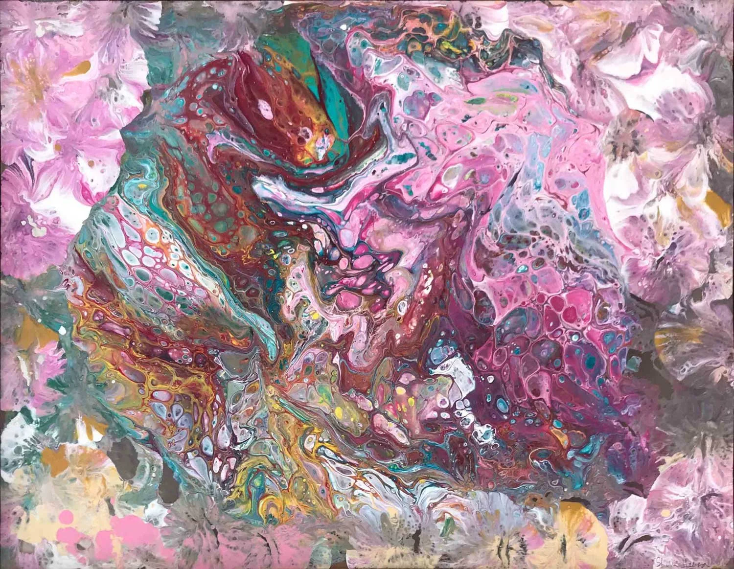 Acrylic pour painting on glass using dirty pour and bulls eye technique, with swirling pink, teal, and crimson surrounded by painted pink flowers