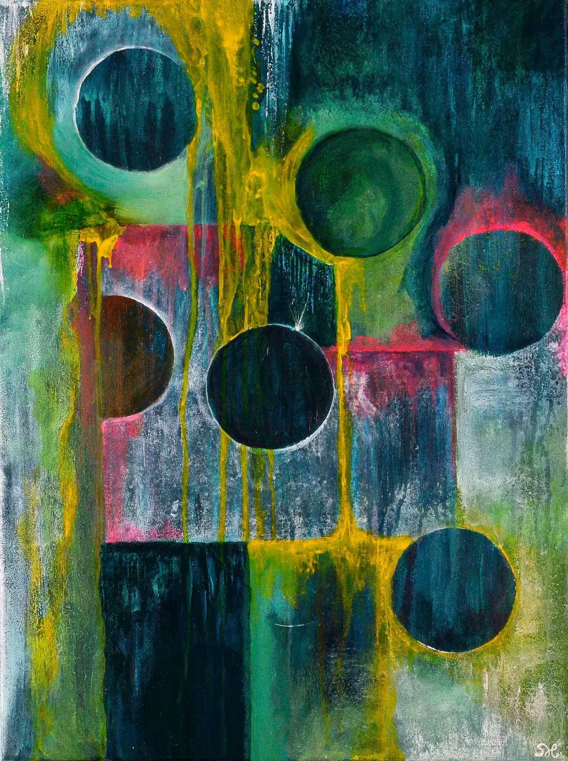 Abstract acrylic painting with six dark circular portals rimmed in teal, gold, and magenta against a ground of deep teal, green, and crimson