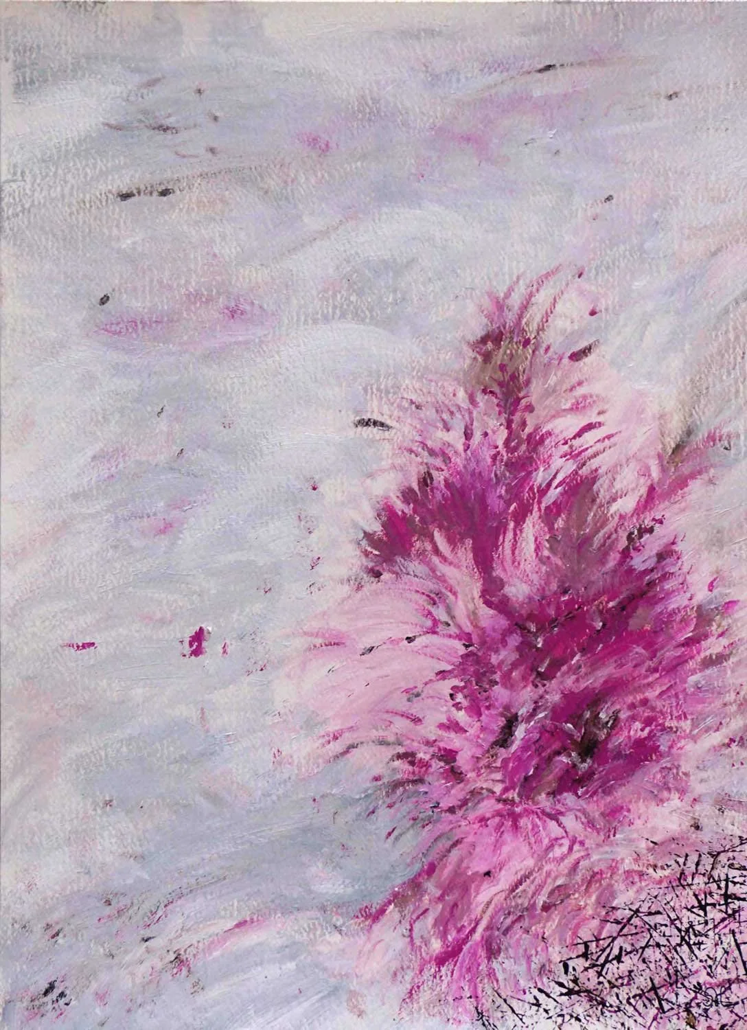 Abstract acrylic painting with an eruption of magenta and pink feather forms against pale lavender with charred black marks at the base
