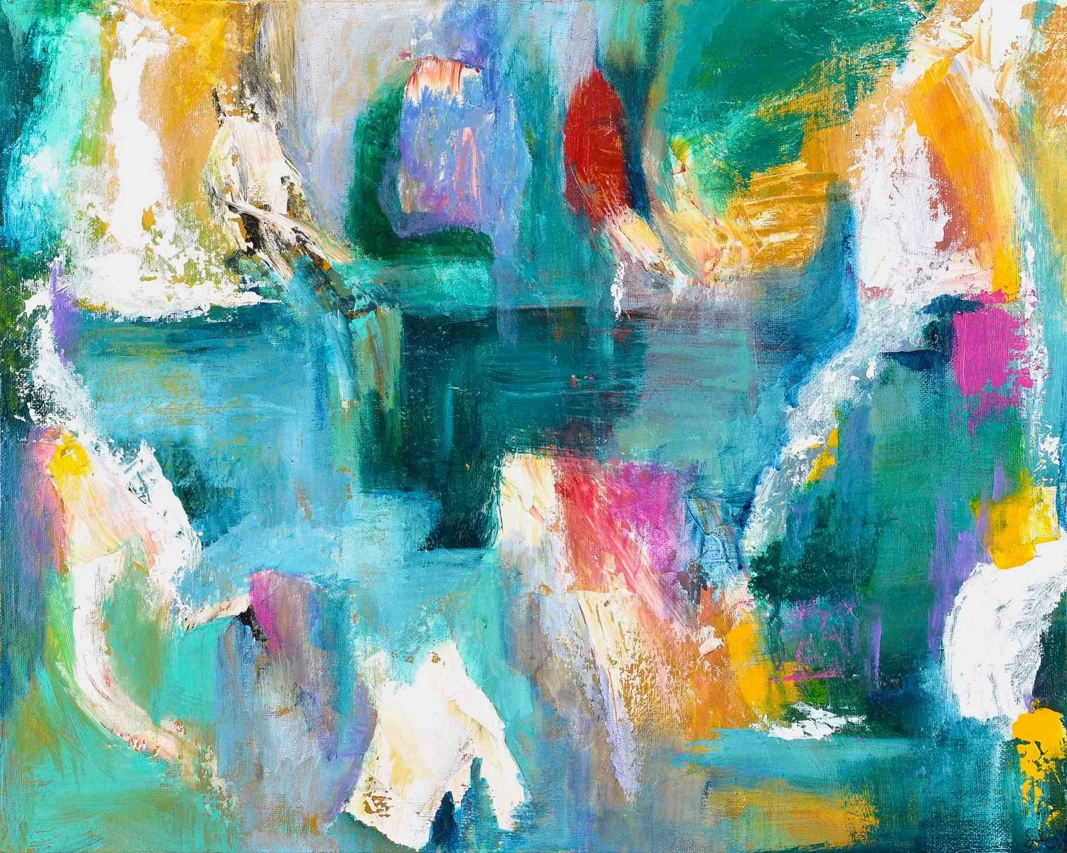 Abstract acrylic painting with heavy texture in teal, gold, red, purple, and magenta, with organic floral forms and white marks built with brush and palette knife.