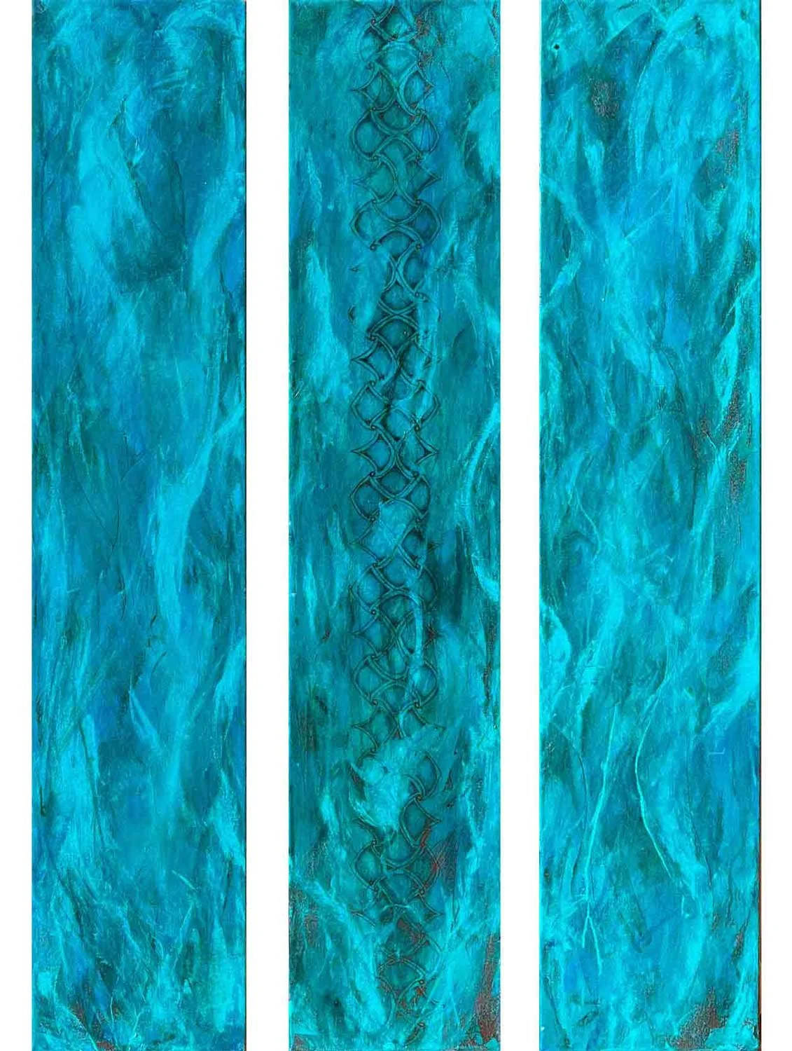 Abstract teal vertical triptych with layered translucent surfaces and subtle linear structure, suggesting depth, rhythm, and movement through water.