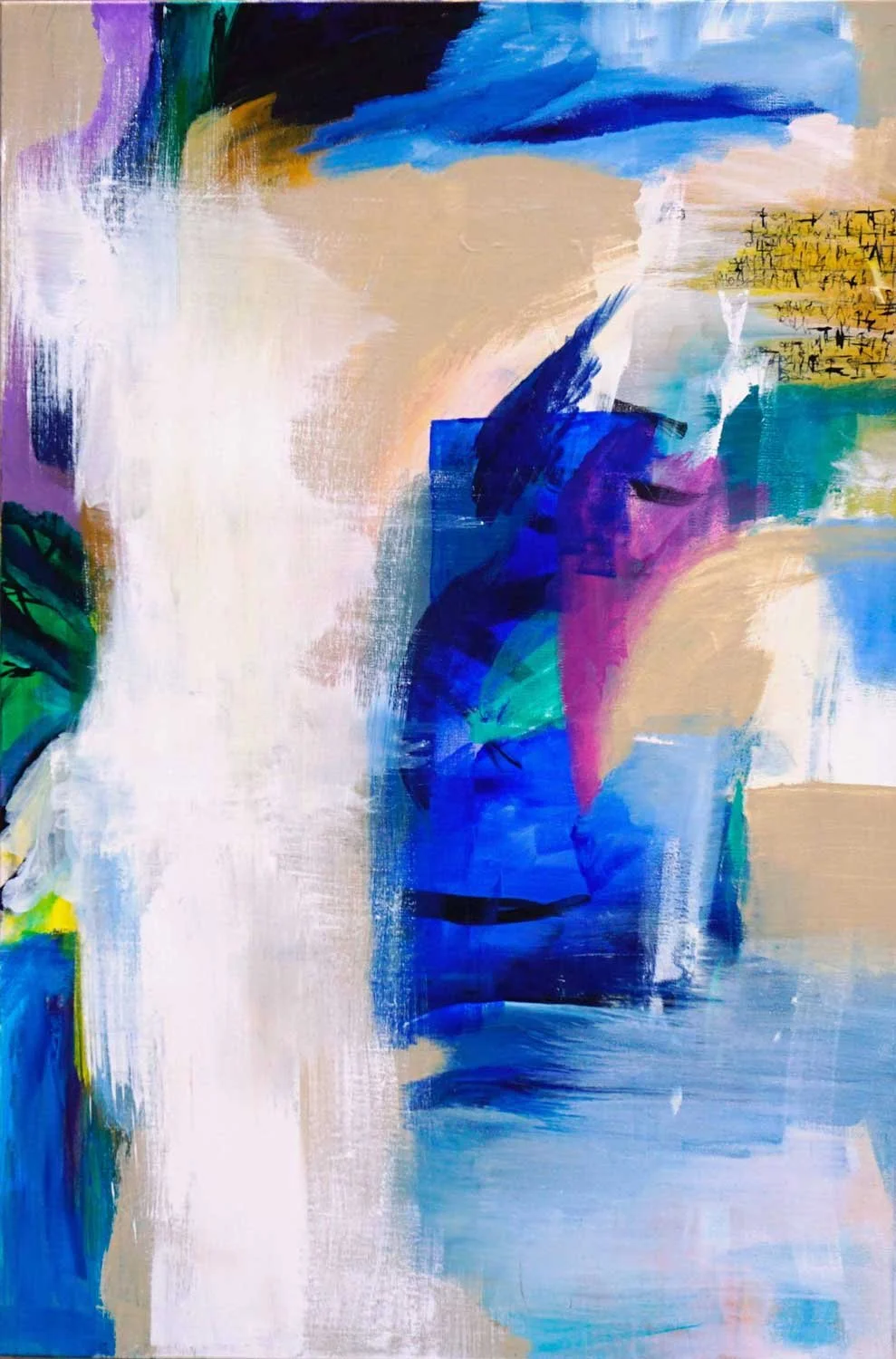 Abstract acrylic painting with a white column concealing a tree, warm gold section with dense stylized script in the upper right