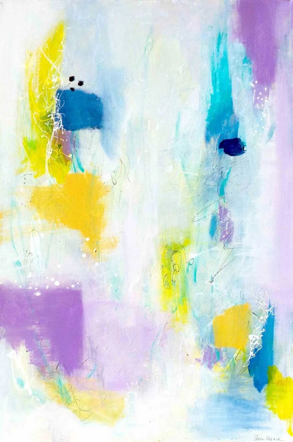 Abstract acrylic painting with yellow, teal, cobalt, lavender, and gold scattered across a light ground with loose squiggles and small marks