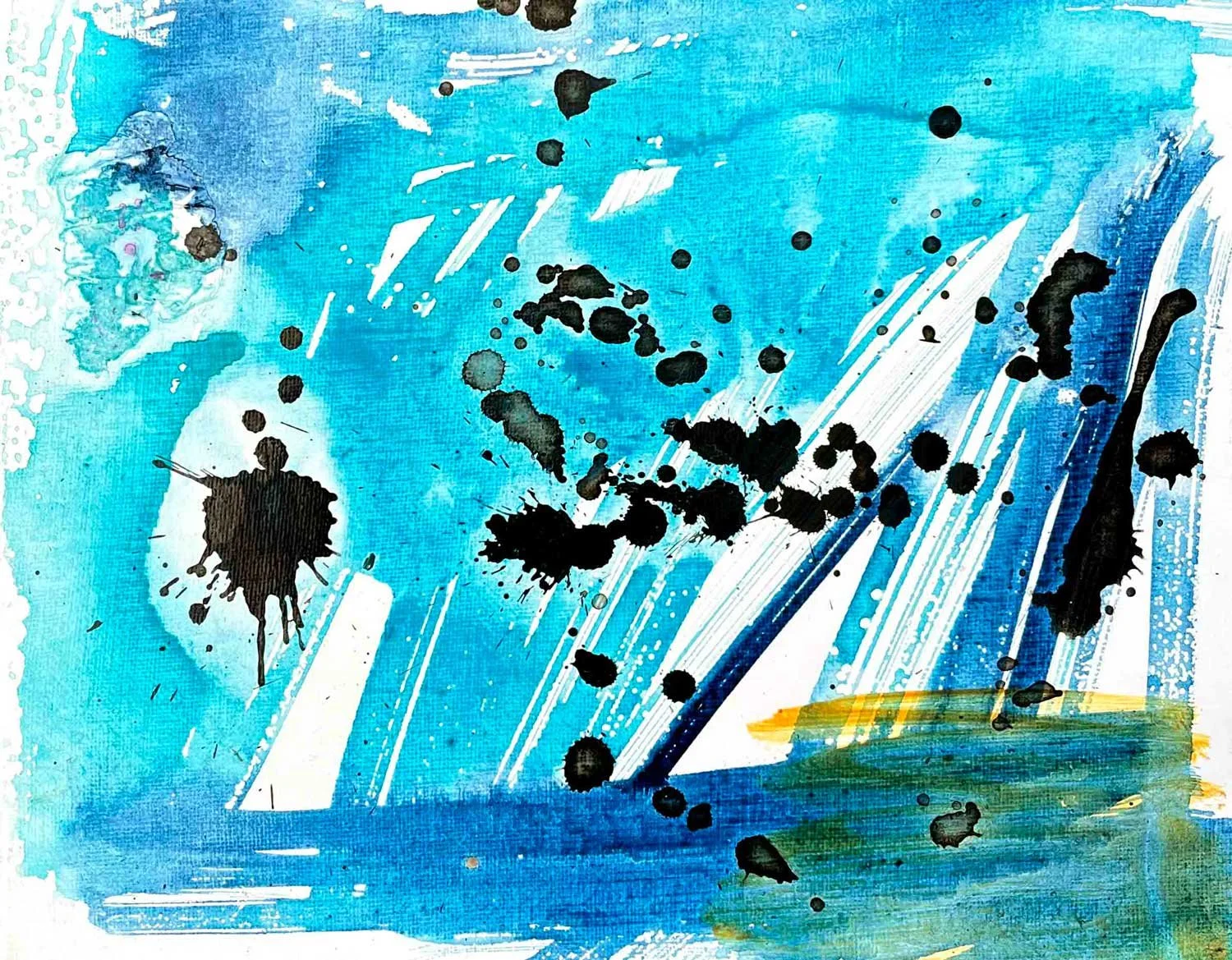 Abstract acrylic and ink painting in teal and blue with black rain marks and a sailboat hull reflected in green and gold
