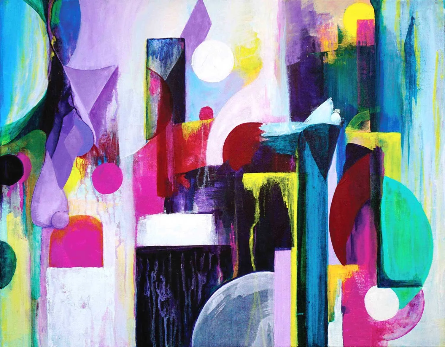 Abstract acrylic painting with art deco cityscape forms in magenta, teal, purple, yellow, and black, with two moons and a yellow sun