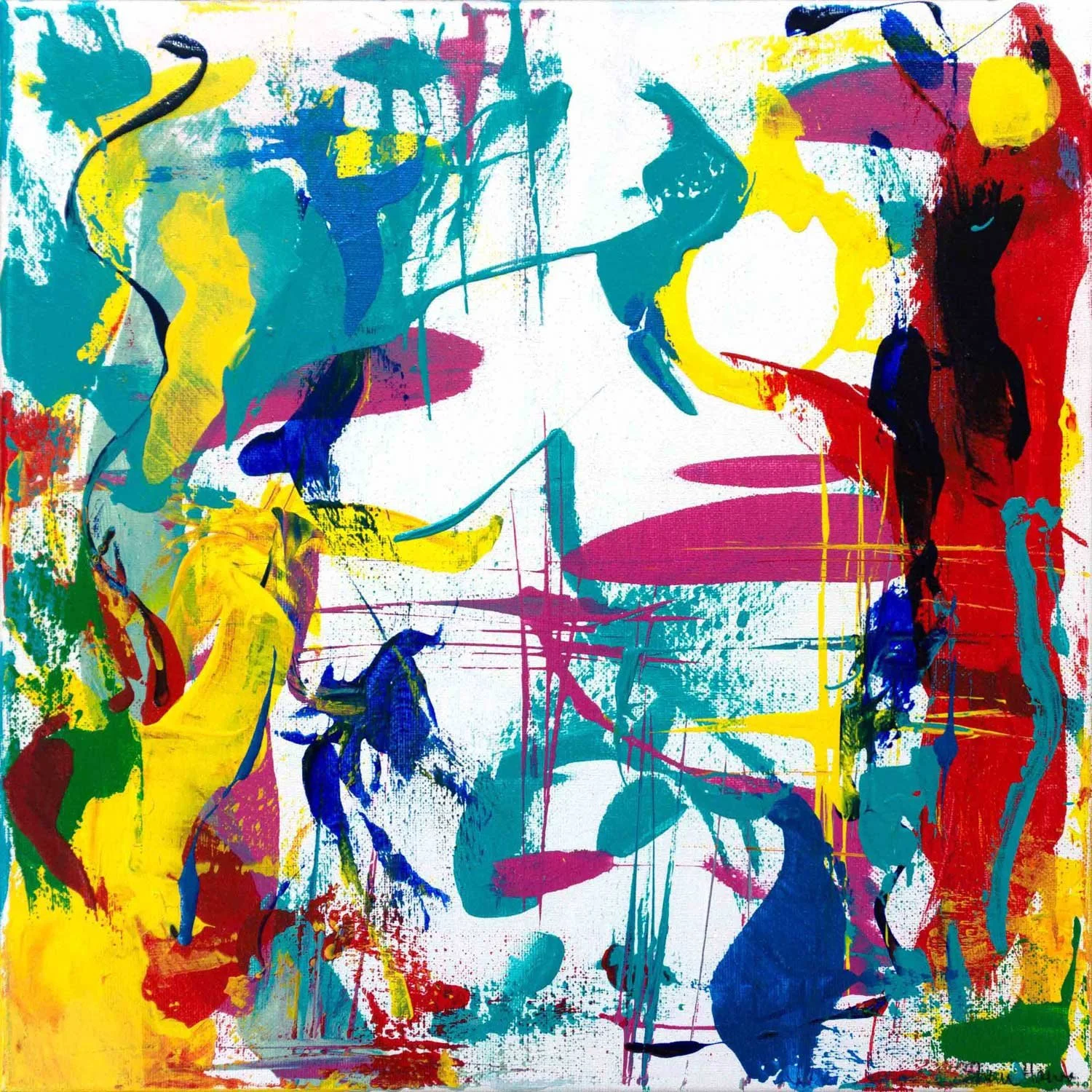 Abstract acrylic painting in teal, yellow, magenta, red, and blue with all marks moving in the same direction across a white ground