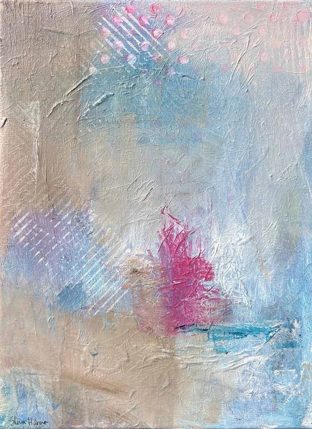 Abstract acrylic painting in warm tan and soft blue with pink dots and white diagonal dashes at the top, a lavender patch at left, and a burst of magenta rising from a teal streak near the bottom