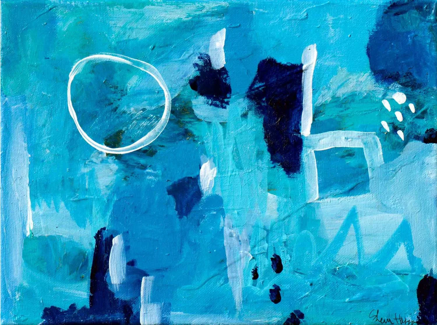 Small abstract acrylic painting in teal and navy with a loose white circle and figure-like form, part of the Singing the Blues series